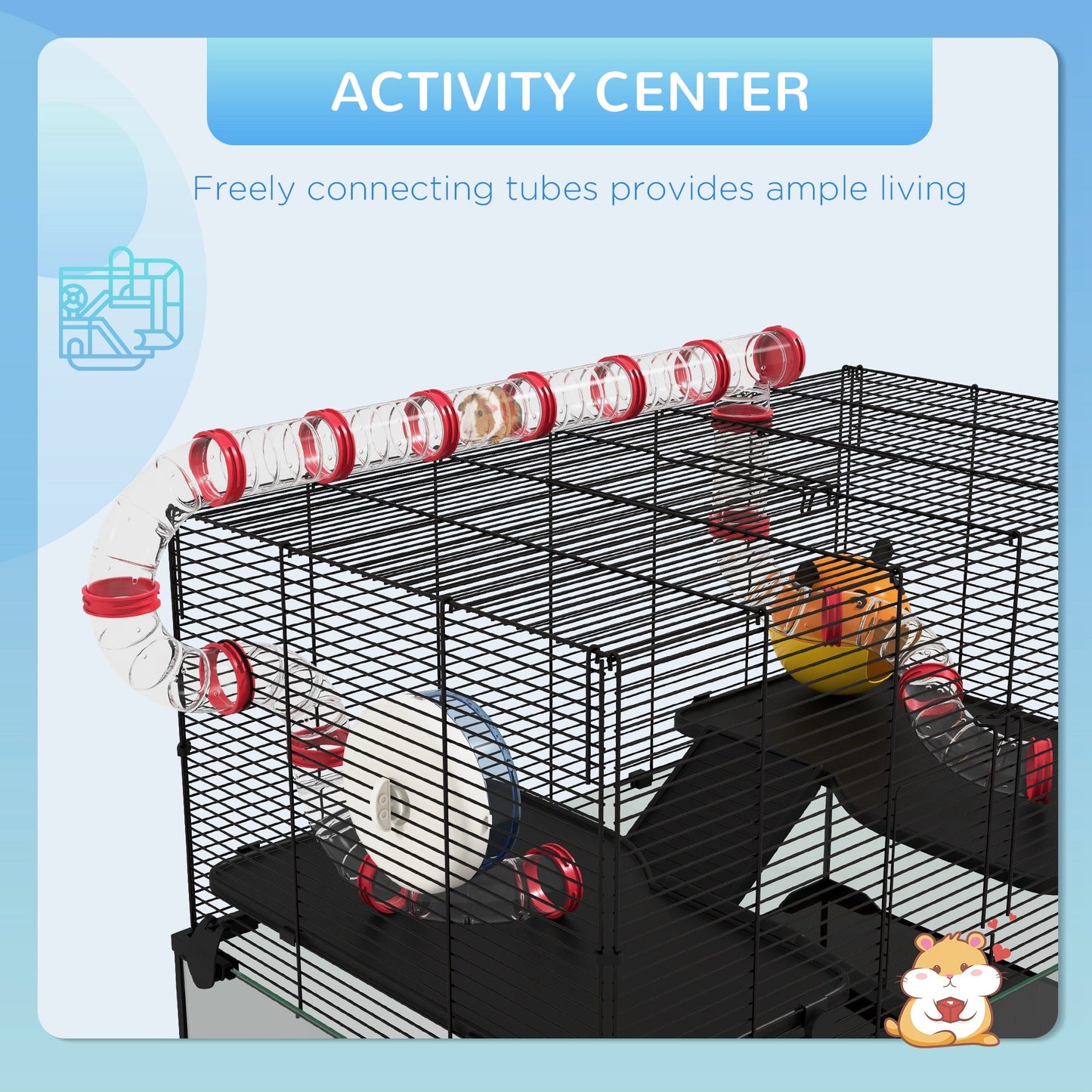 Large Hamster Cage, Gerbil Cage with Deep Glass Bottom, Tunnels, Non-Slip Ramps, Exercise Wheels, Water Bottle, Dish, 78.5 x 48.5 x 57cm