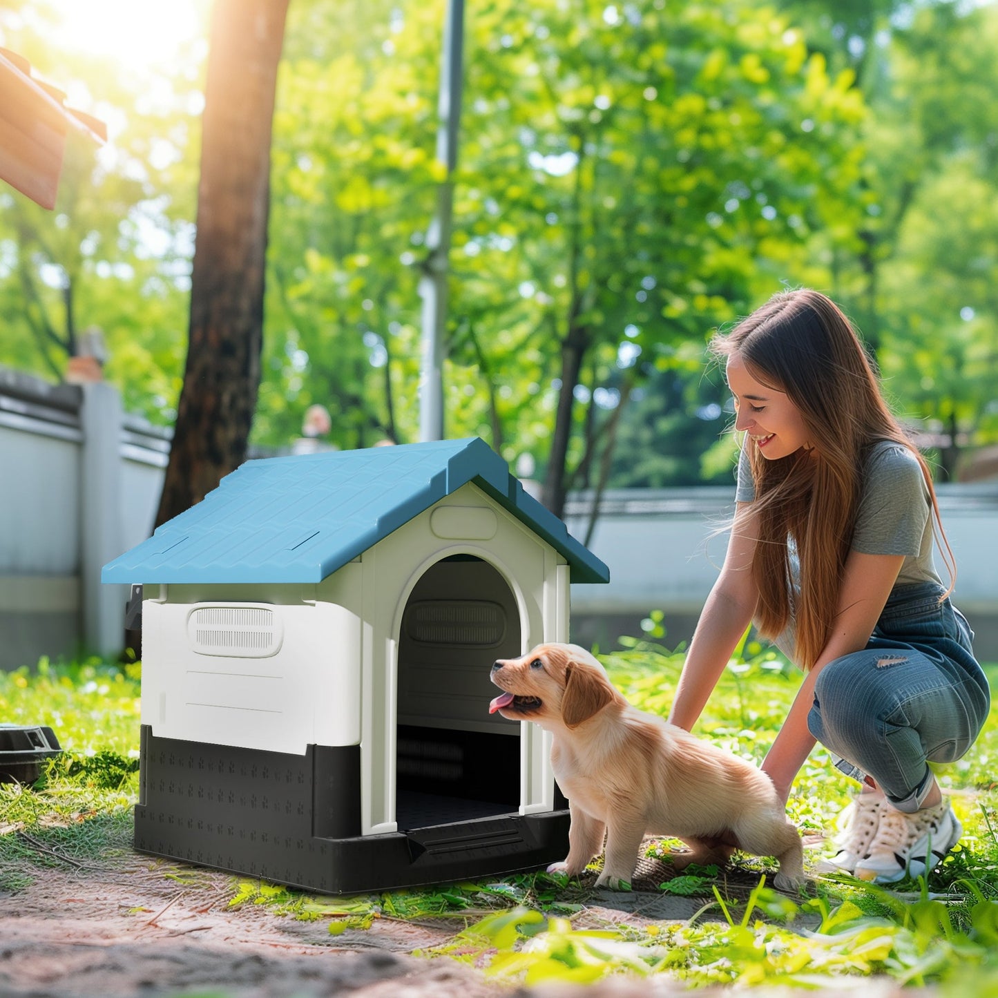 Dog Kennel for Outside, Plastic Dog House, Water-Resistant Pet Shelter with Windows, for Garden Patio, Miniature Dogs, 64.5 x 57 x 66cm - Blue