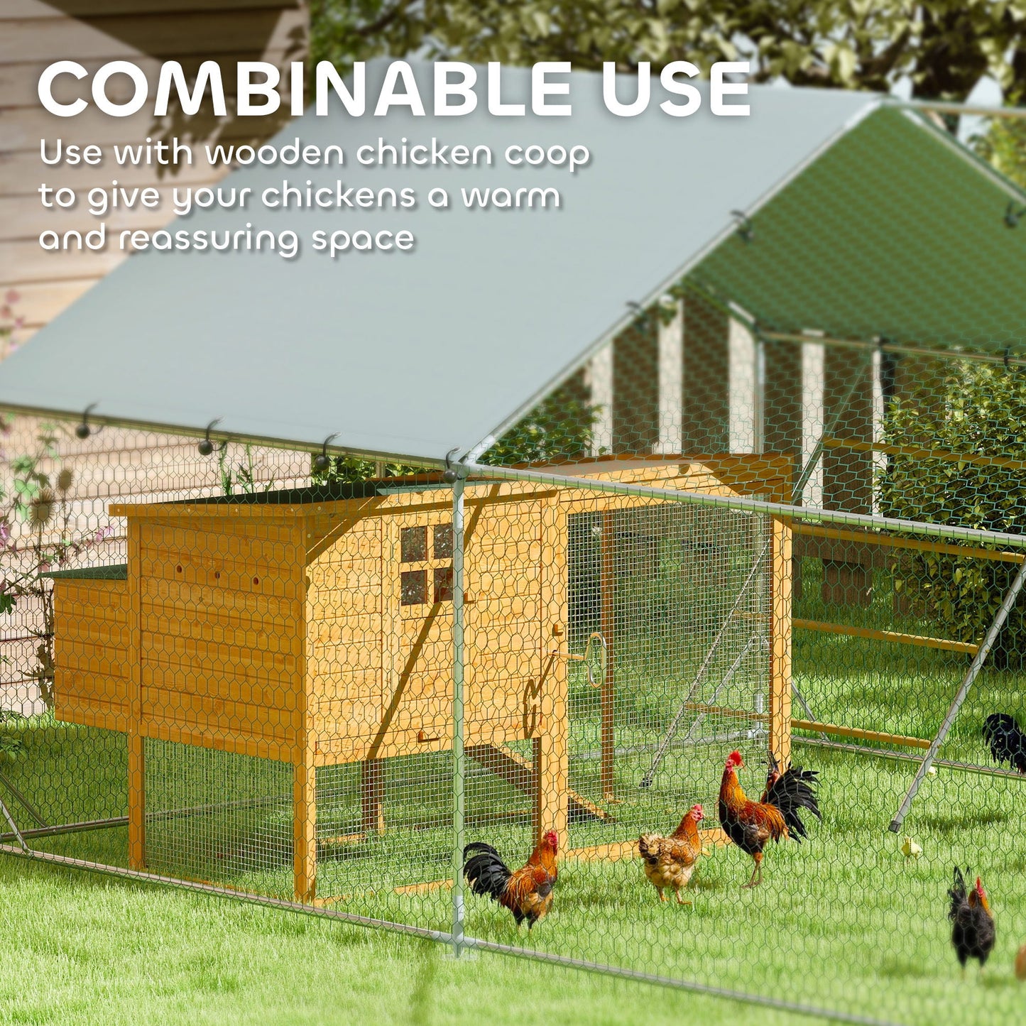 Walk-in Chicken Run, Galvanised Chicken Coop with Water-Resistant and UV-Resistant Cover, Feeding Door, Hanging Feeder, Perch, Hen Poultry House, for 12-18 Chickens, Ducks, Rabbits, Geese