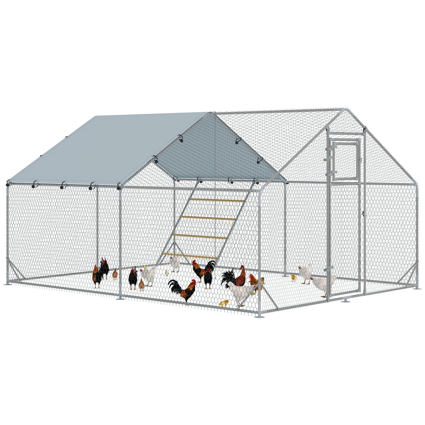 Walk-in Chicken Run, Galvanised Chicken Coop with Water-Resistant and UV-Resistant Cover, Feeding Door, Hanging Feeder, Perch, Hen Poultry House, for 12-18 Chickens, Ducks, Rabbits, Geese