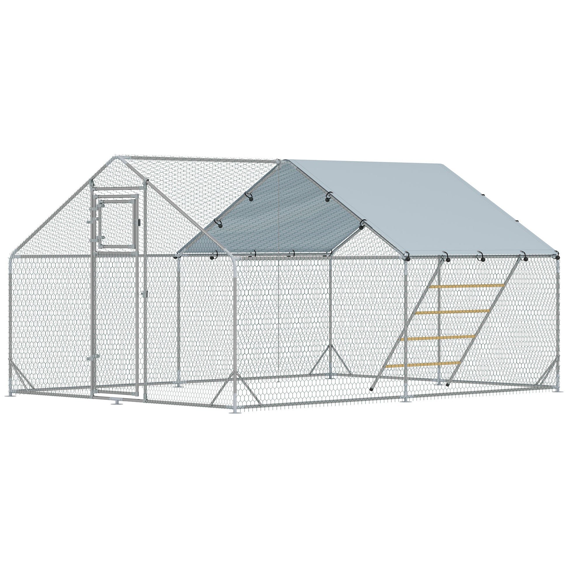 Walk-in Chicken Run, Galvanised Chicken Coop with Water-Resistant and UV-Resistant Cover, Feeding Door, Hanging Feeder, Perch, Hen Poultry House, for 12-18 Chickens, Ducks, Rabbits, Geese