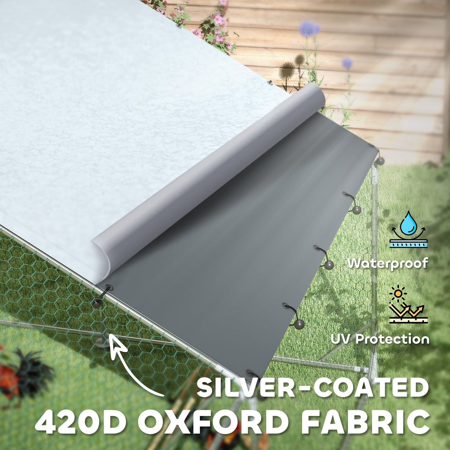 Walk-in Chicken Run, Galvanised Chicken Coop with Water-Resistant and UV-Resistant Cover, Feeding Door, Hanging Feeder, Perch, Hen Poultry House, for 12-18 Chickens, Ducks, Rabbits, Geese