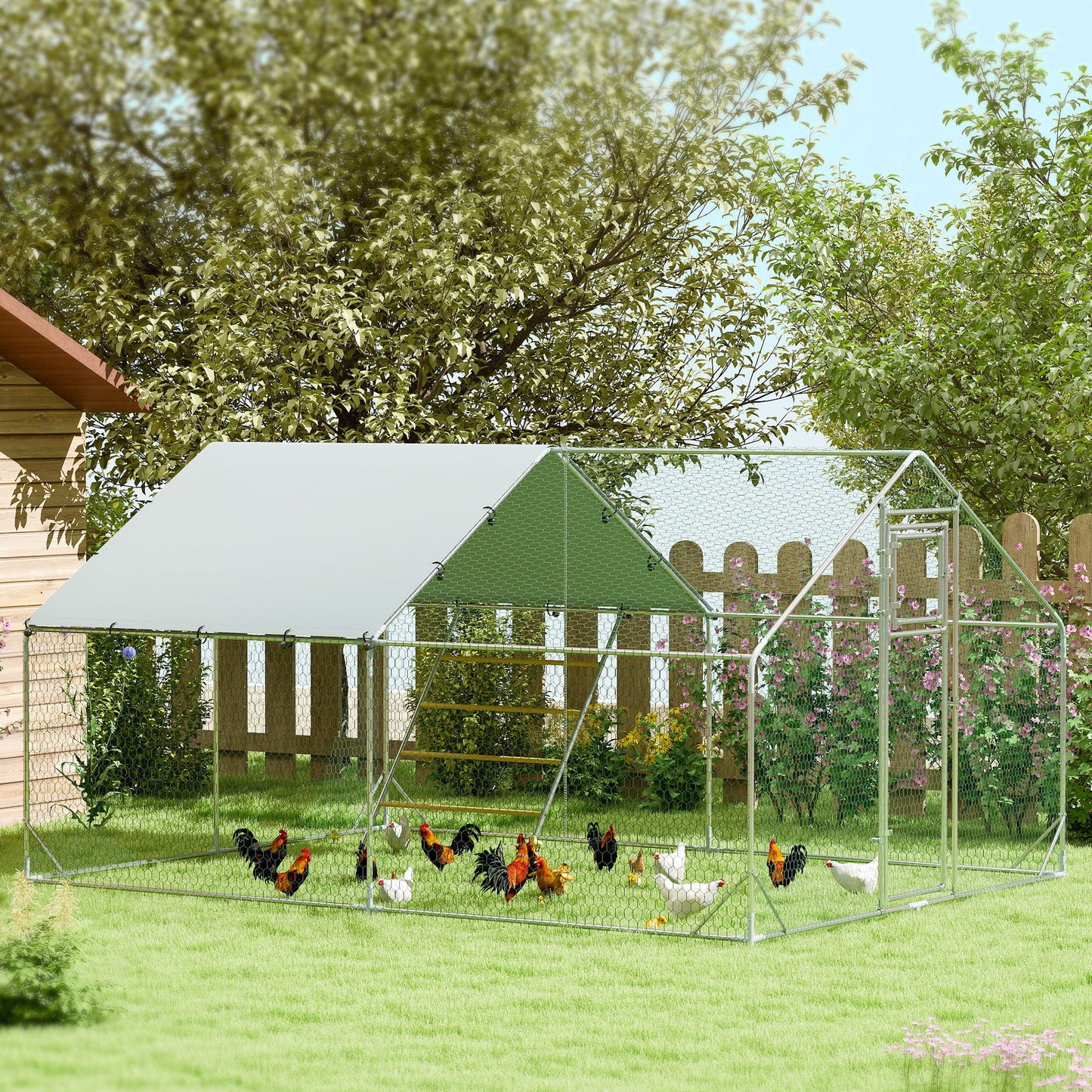 Walk-in Chicken Run, Galvanised Chicken Coop with Water-Resistant and UV-Resistant Cover, Feeding Door, Hanging Feeder, Perch, Hen Poultry House, for 12-18 Chickens, Ducks, Rabbits, Geese