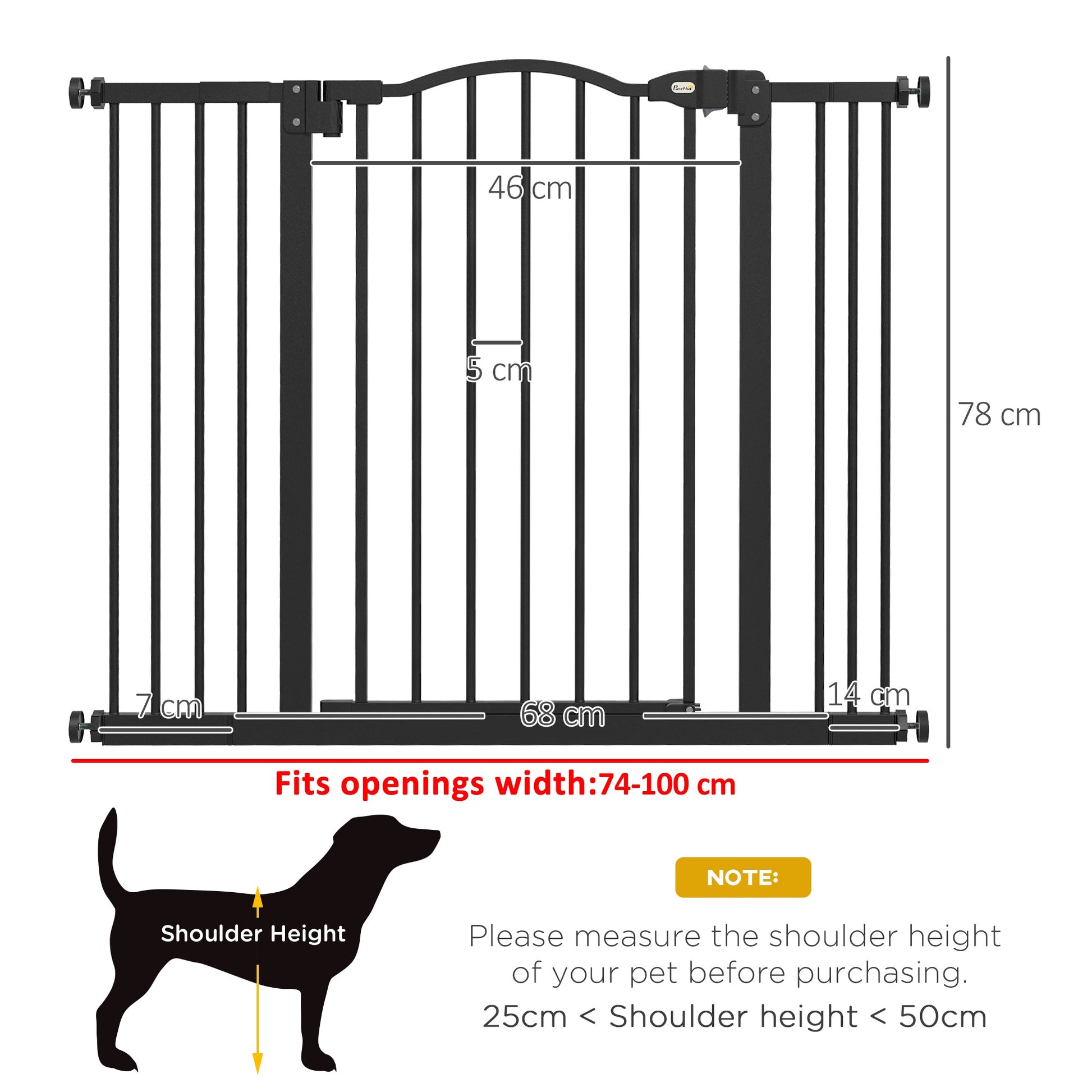 Pressure Fit Dog Stair Gate No Drilling Safety Gate Auto Close for Doorways, Hallways, 74-100cm Adjustable, 78cm Tall, Black