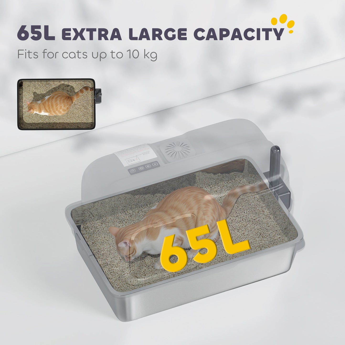 Stainless Steel Litter Tray with Plasma Deodoriser System, 65L Extra Large Enclosed Litter Box with Lid High, Sided Wall and Scoop for Larger Cats, Easy to Clean & Odour-Resistant, Grey