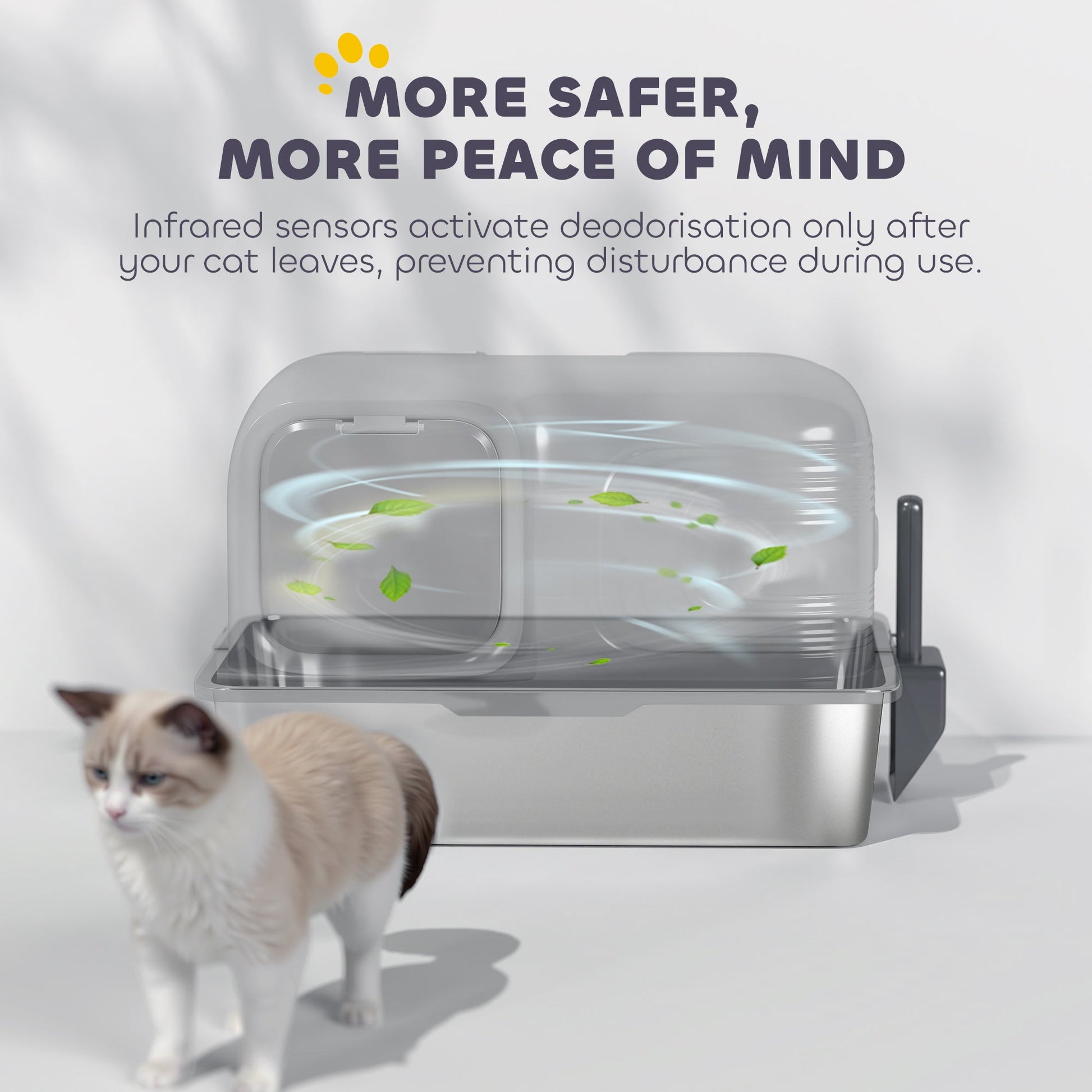 Stainless Steel Litter Tray with Plasma Deodoriser System, 65L Extra Large Enclosed Litter Box with Lid High, Sided Wall and Scoop for Larger Cats, Easy to Clean & Odour-Resistant, Grey