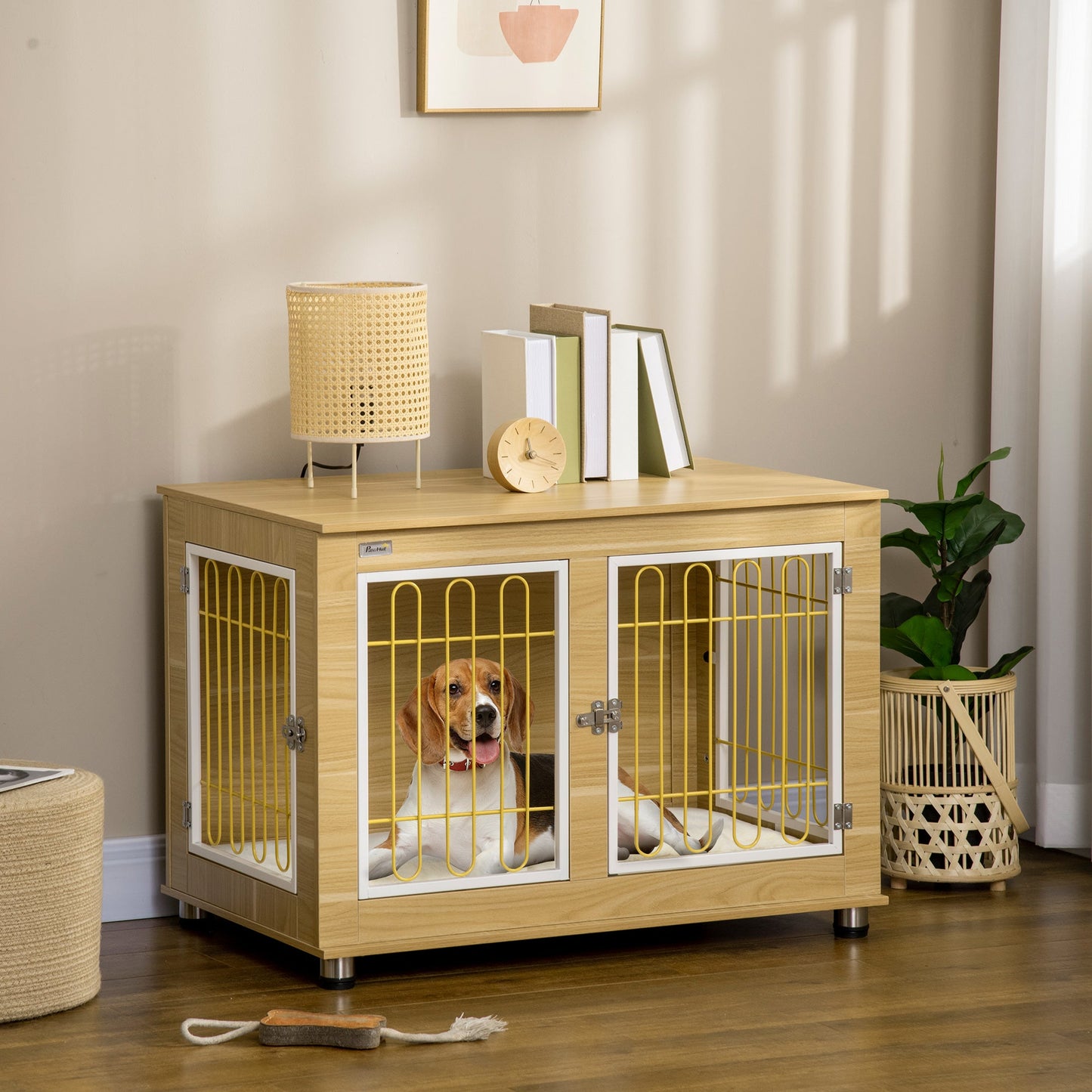Dog Crate Furniture, Side End Table, Indoor Dog Kennel with Soft Washable Cushion, Wire Mesh, Large Top, for Medium and Large Dogs, 90 x 58 x 65, Oak Tone