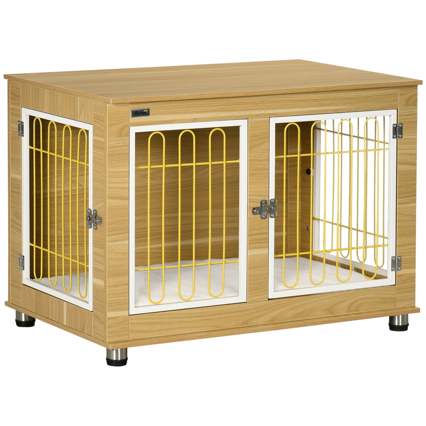 Dog Crate Furniture, Side End Table, Indoor Dog Kennel with Soft Washable Cushion, Wire Mesh, Large Top, for Medium and Large Dogs, 90 x 58 x 65, Oak Tone