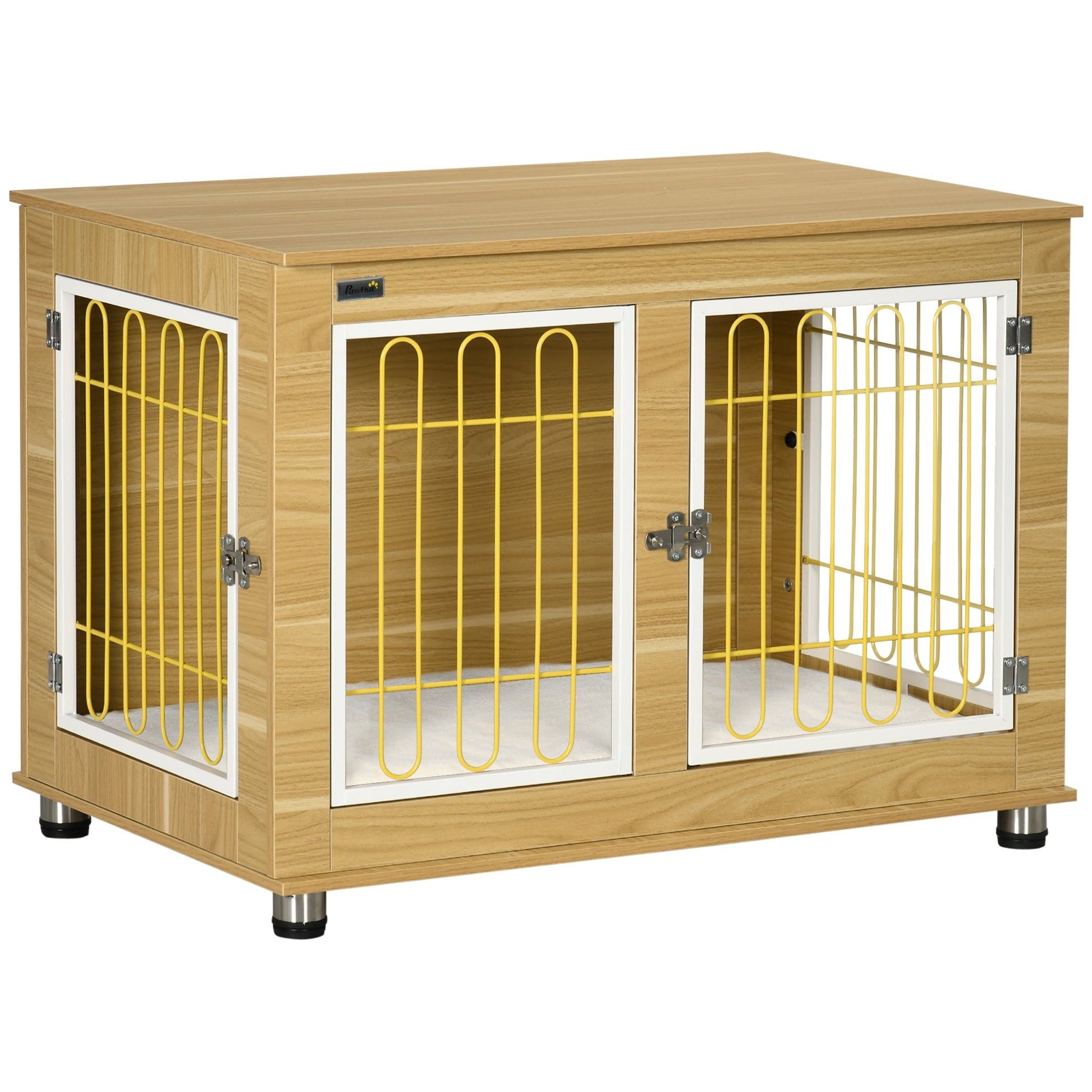 Dog Crate Furniture, Side End Table, Indoor Dog Kennel with Soft Washable Cushion, Wire Mesh, Large Top, for Medium and Large Dogs, 90 x 58 x 65, Oak Tone