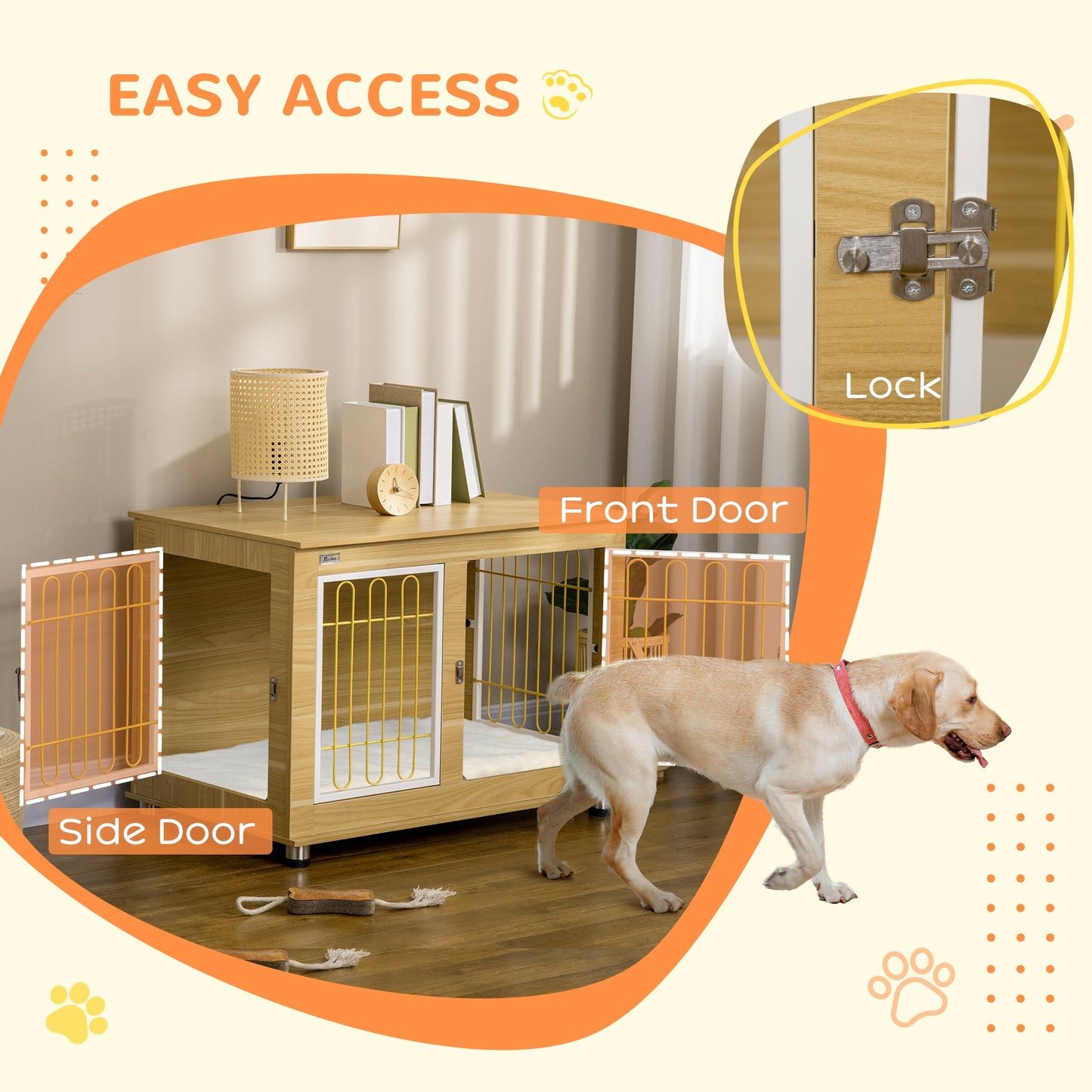 Dog Crate Furniture, Side End Table, Indoor Dog Kennel with Soft Washable Cushion, Wire Mesh, Large Top, for Medium and Large Dogs, 90 x 58 x 65, Oak Tone