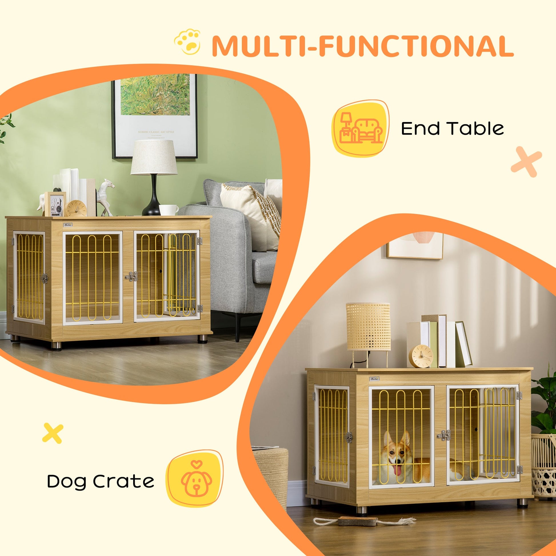 Dog Crate Furniture, Side End Table, Indoor Dog Kennel with Soft Washable Cushion, Wire Mesh, Large Top, for Medium and Large Dogs, 90 x 58 x 65, Oak Tone