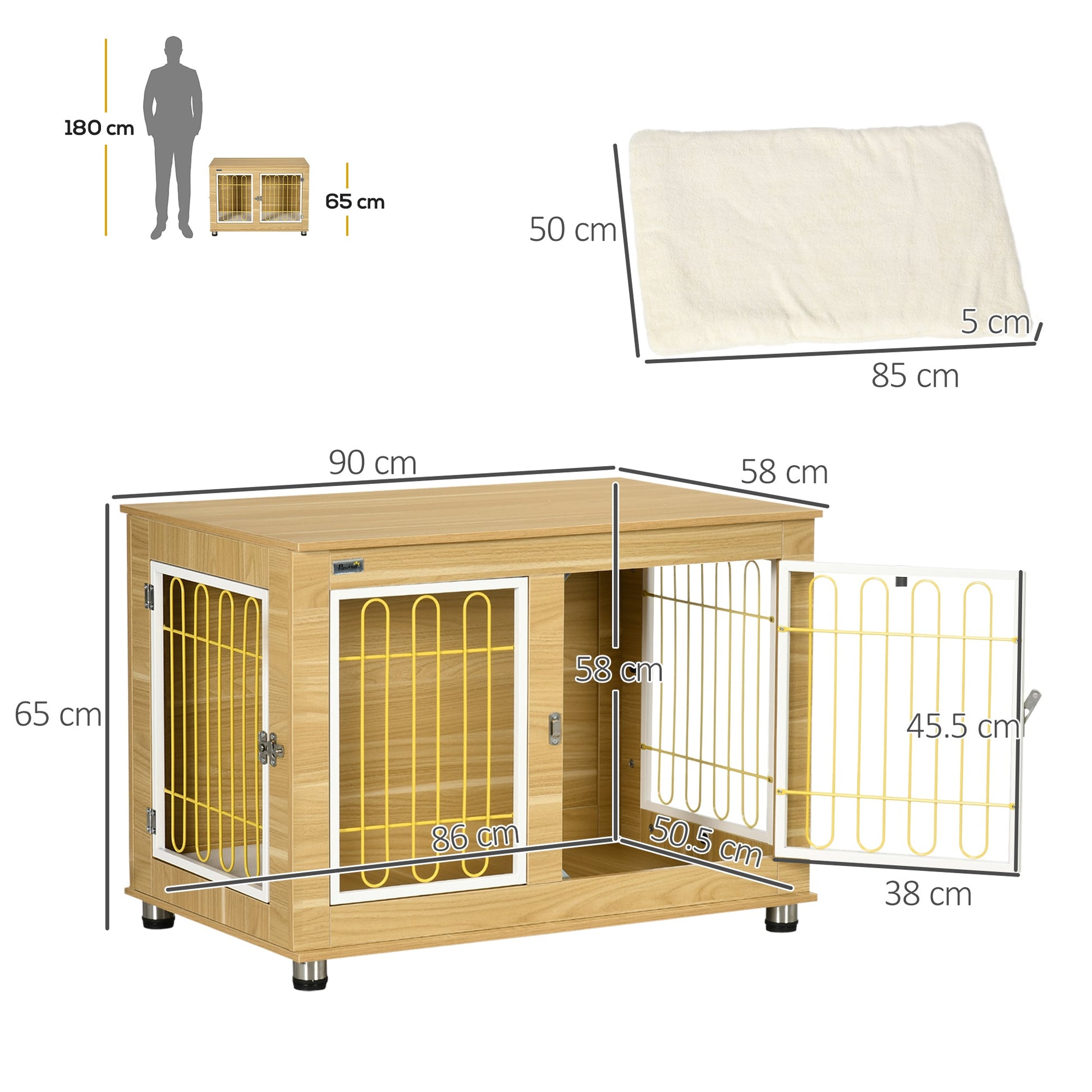 Dog Crate Furniture, Side End Table, Indoor Dog Kennel with Soft Washable Cushion, Wire Mesh, Large Top, for Medium and Large Dogs, 90 x 58 x 65, Oak Tone