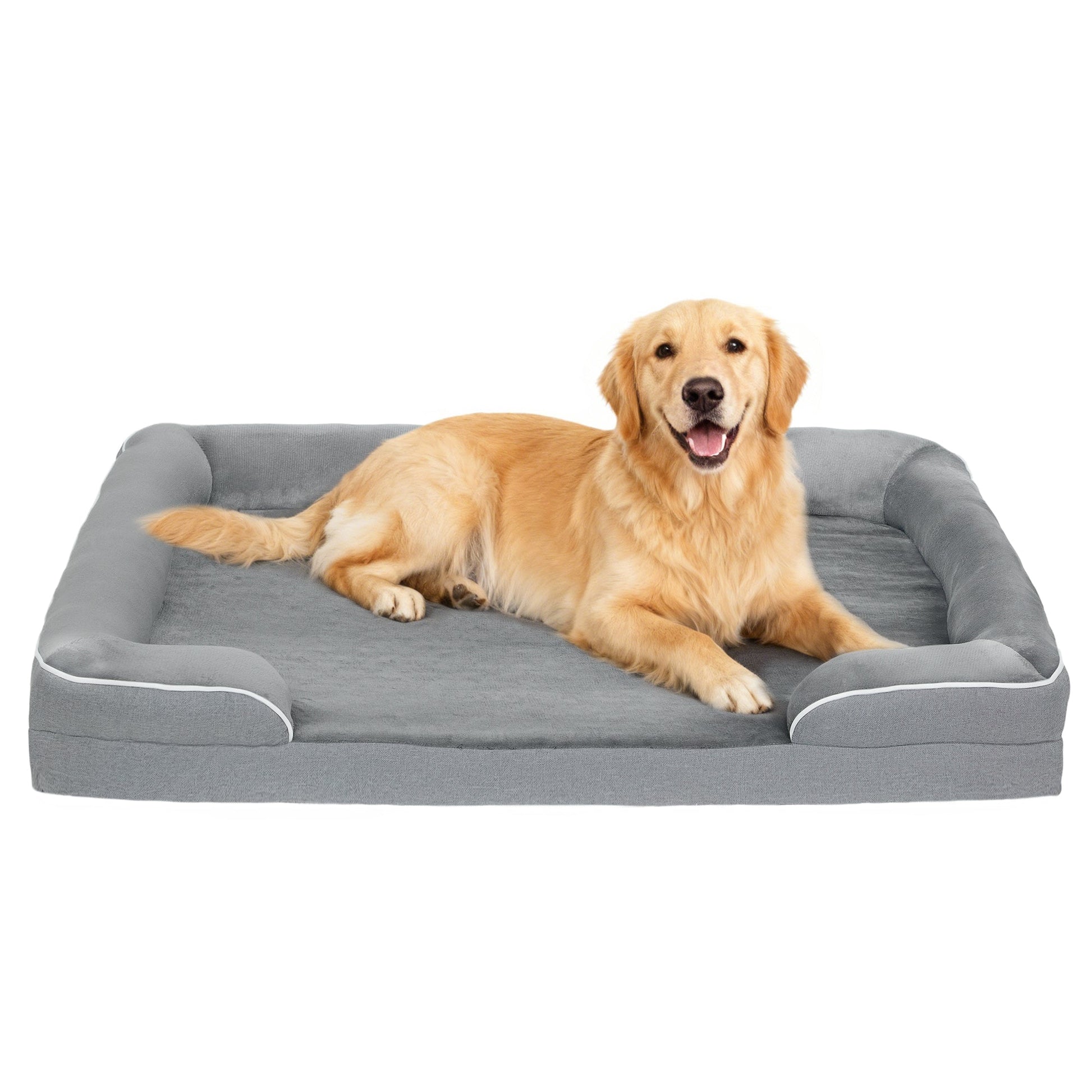 Memory Foam Dog Bed Sofa, Washable Orthopedic Dog Bed Couch with Removable Flannel Cover, 3-Sided Pet Pillow with U-Shape Bolster, Non-Slip Bottom, Grey, 112 x 80 x 16.5 cm