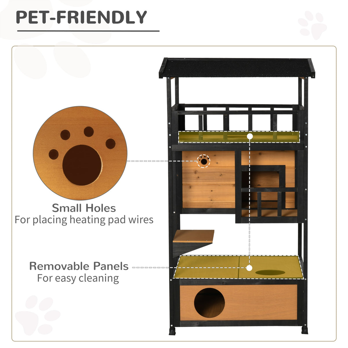 Wooden Outdoor Cat House 3-Tier for Winter Kitten Shelter Lodge w/ Tilted Roof Terrace Jump Step Bottom Tray Elevated Base Waterproof Paint Yellow