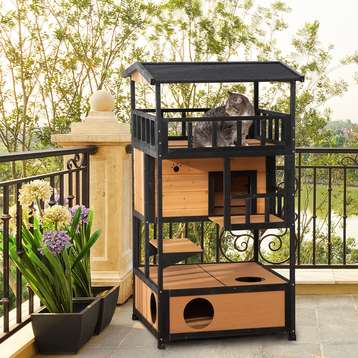 Wooden Outdoor Cat House 3-Tier for Winter Kitten Shelter Lodge w/ Tilted Roof Terrace Jump Step Bottom Tray Elevated Base Waterproof Paint Yellow