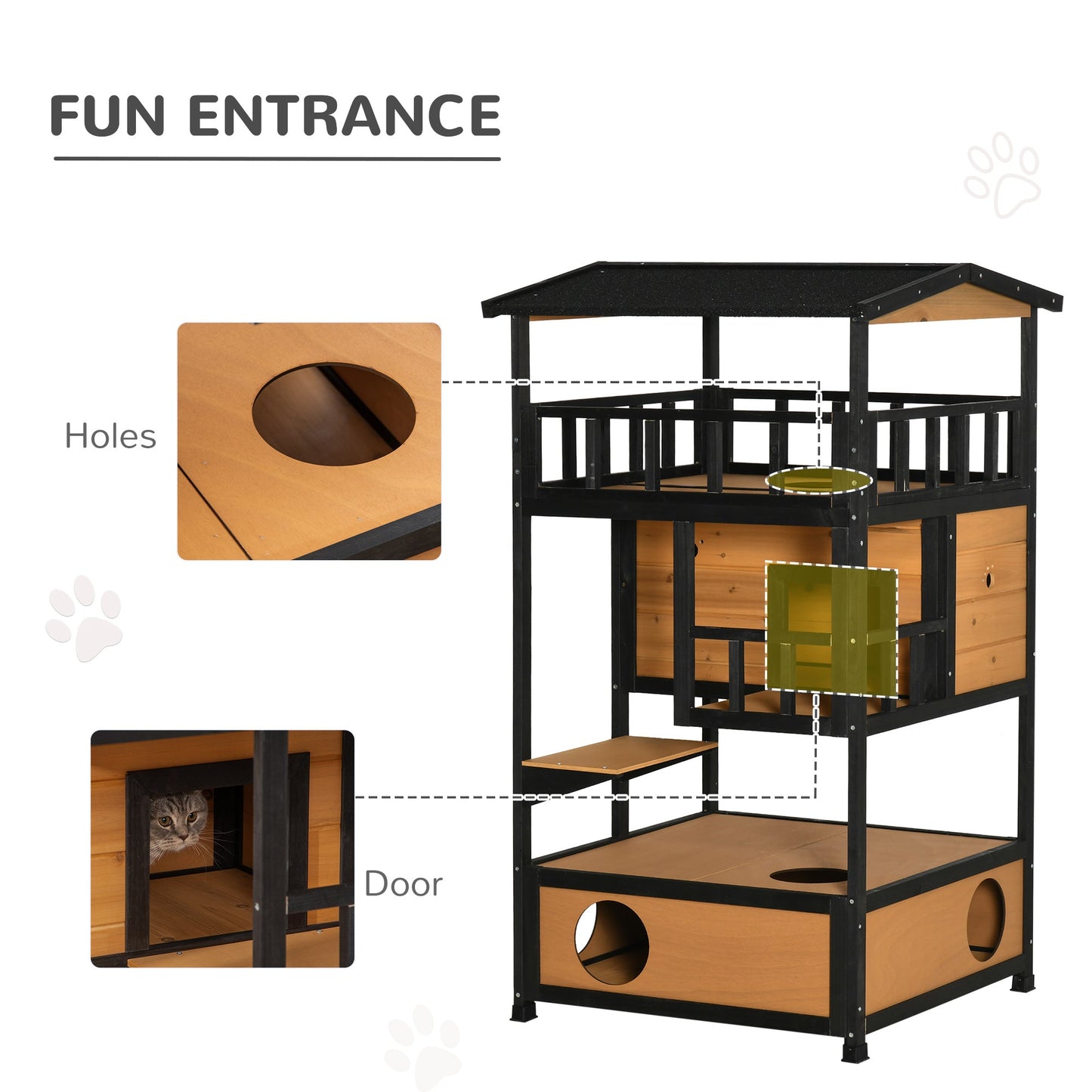 Wooden Outdoor Cat House 3-Tier for Winter Kitten Shelter Lodge w/ Tilted Roof Terrace Jump Step Bottom Tray Elevated Base Waterproof Paint Yellow
