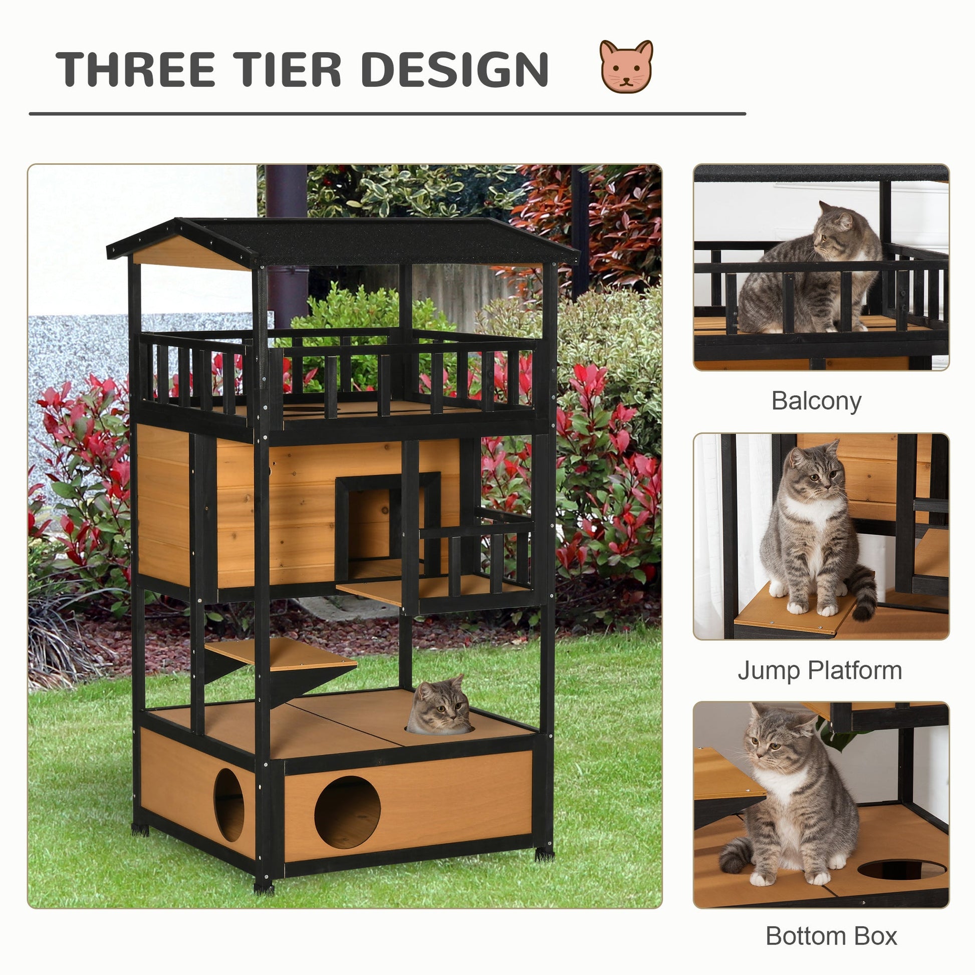 Wooden Outdoor Cat House 3-Tier for Winter Kitten Shelter Lodge w/ Tilted Roof Terrace Jump Step Bottom Tray Elevated Base Waterproof Paint Yellow