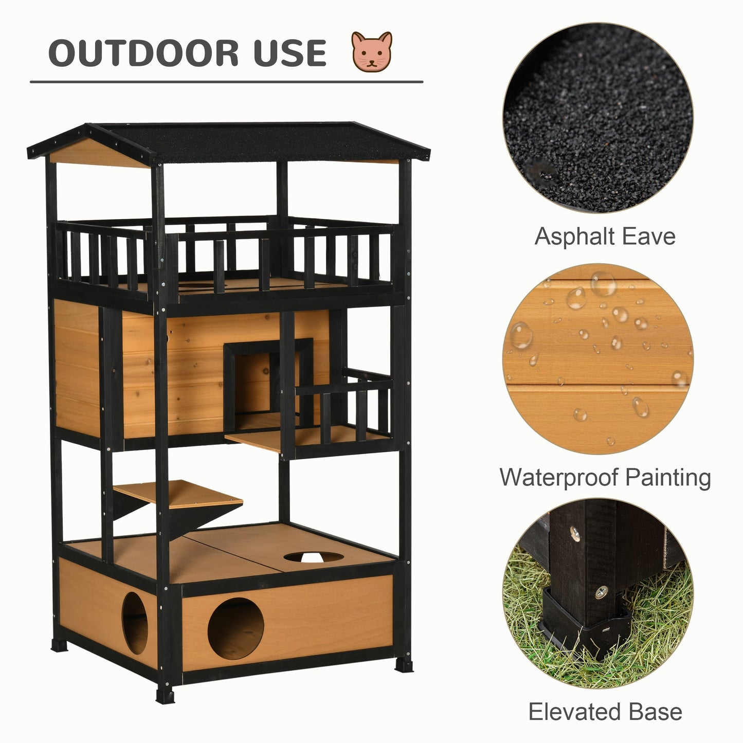 Wooden Outdoor Cat House 3-Tier for Winter Kitten Shelter Lodge w/ Tilted Roof Terrace Jump Step Bottom Tray Elevated Base Waterproof Paint Yellow