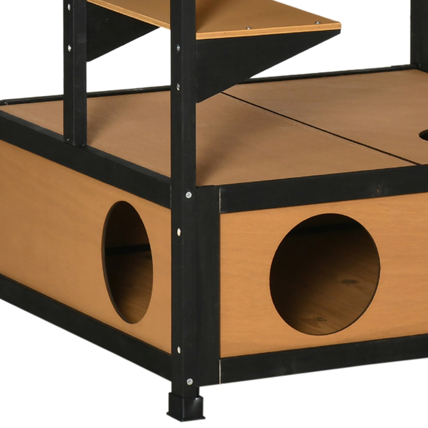 Wooden Outdoor Cat House 3-Tier for Winter Kitten Shelter Lodge w/ Tilted Roof Terrace Jump Step Bottom Tray Elevated Base Waterproof Paint Yellow