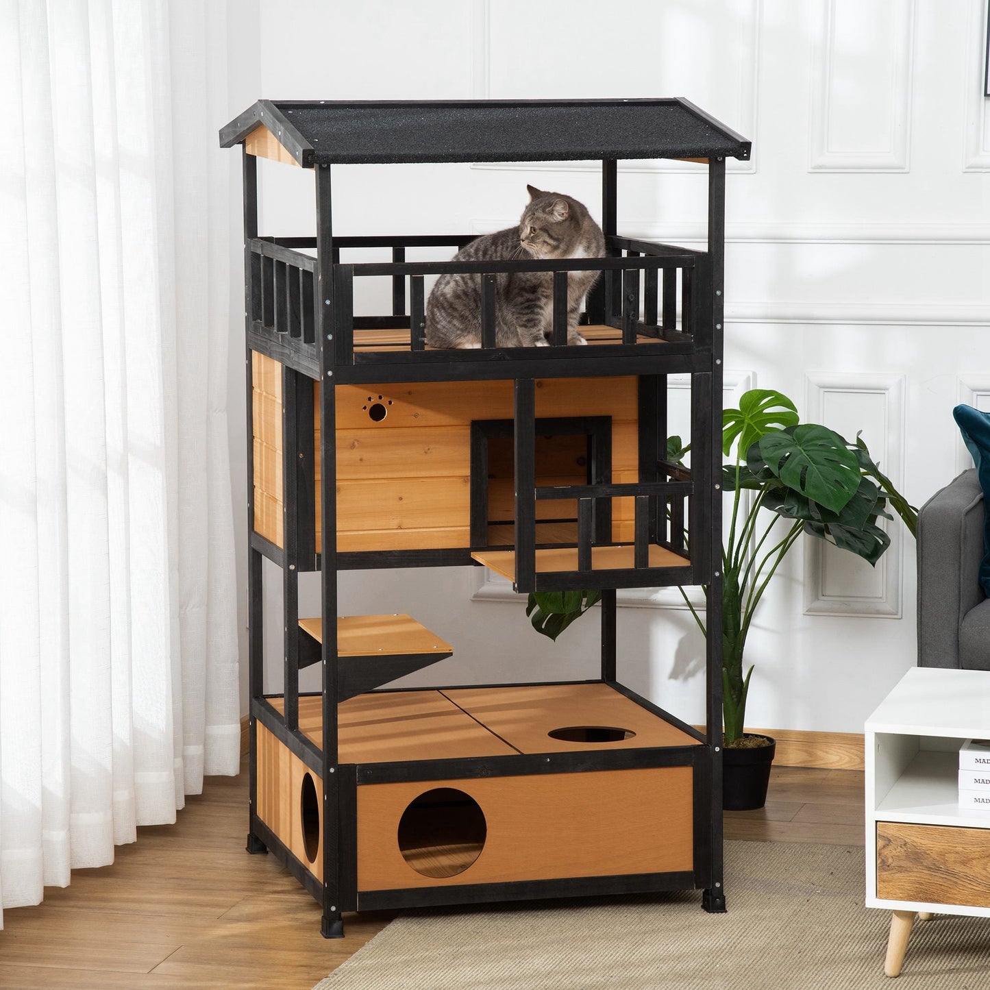 Wooden Outdoor Cat House 3-Tier for Winter Kitten Shelter Lodge w/ Tilted Roof Terrace Jump Step Bottom Tray Elevated Base Waterproof Paint Yellow