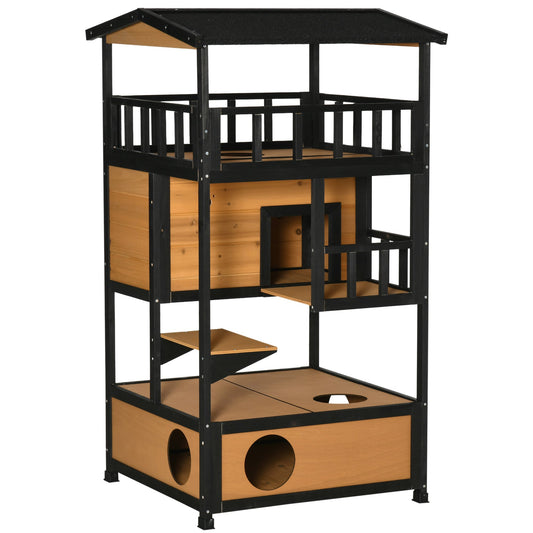 Wooden Outdoor Cat House 3-Tier for Winter Kitten Shelter Lodge w/ Tilted Roof Terrace Jump Step Bottom Tray Elevated Base Waterproof Paint Yellow
