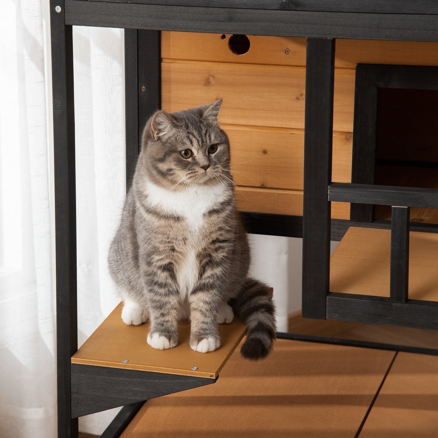 Wooden Outdoor Cat House 3-Tier for Winter Kitten Shelter Lodge w/ Tilted Roof Terrace Jump Step Bottom Tray Elevated Base Waterproof Paint Yellow