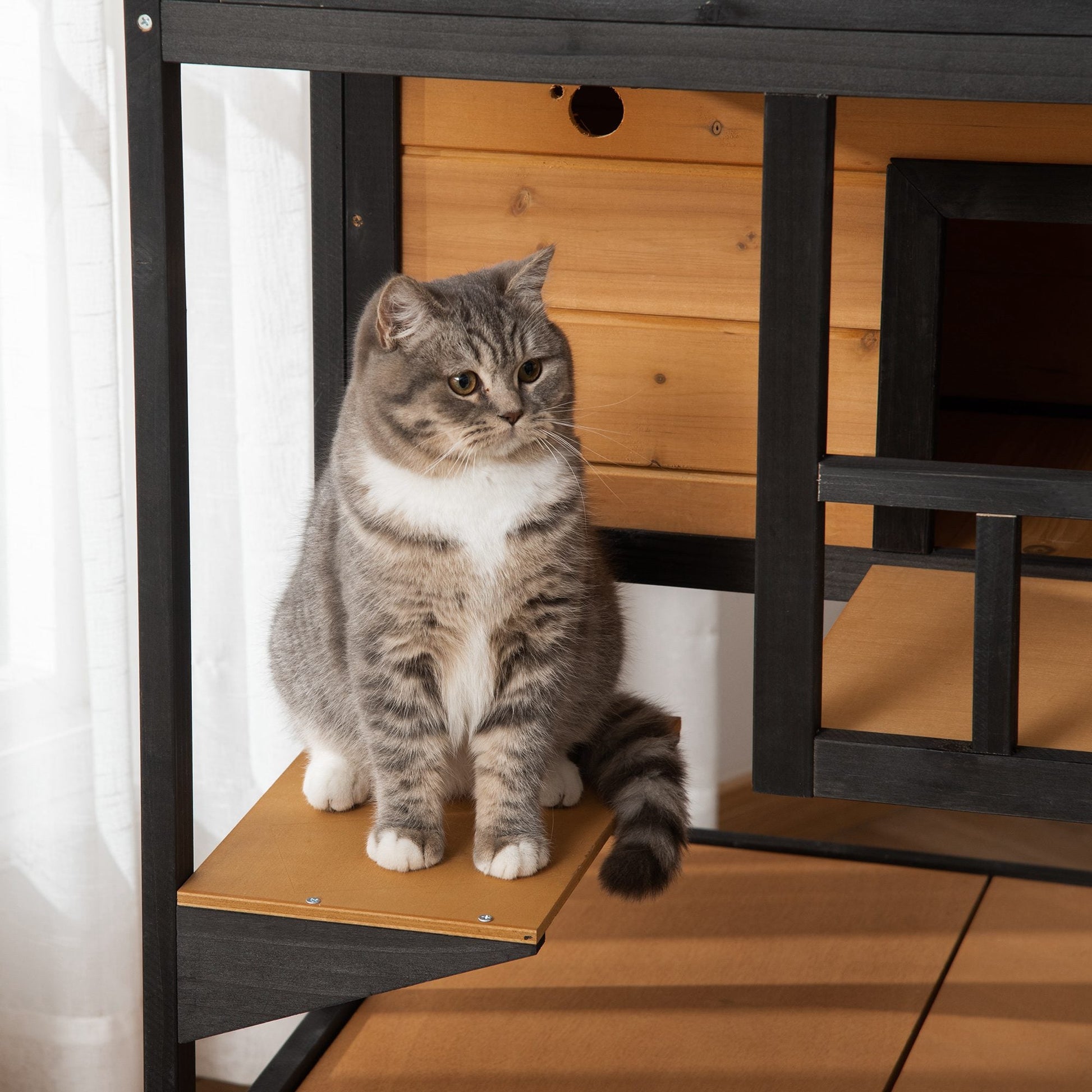 Wooden Outdoor Cat House 3-Tier for Winter Kitten Shelter Lodge w/ Tilted Roof Terrace Jump Step Bottom Tray Elevated Base Waterproof Paint Yellow