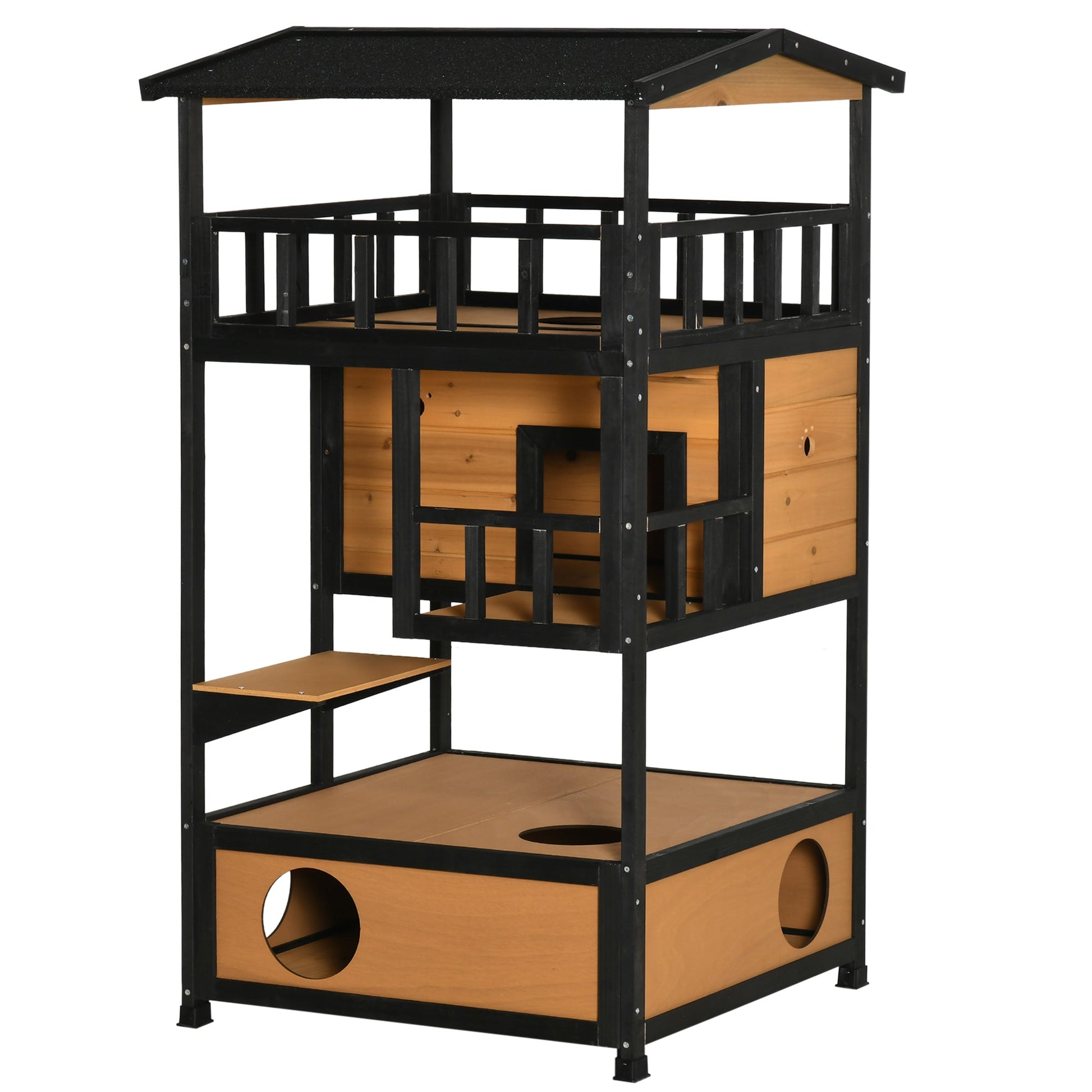 Wooden Outdoor Cat House 3-Tier for Winter Kitten Shelter Lodge w/ Tilted Roof Terrace Jump Step Bottom Tray Elevated Base Waterproof Paint Yellow