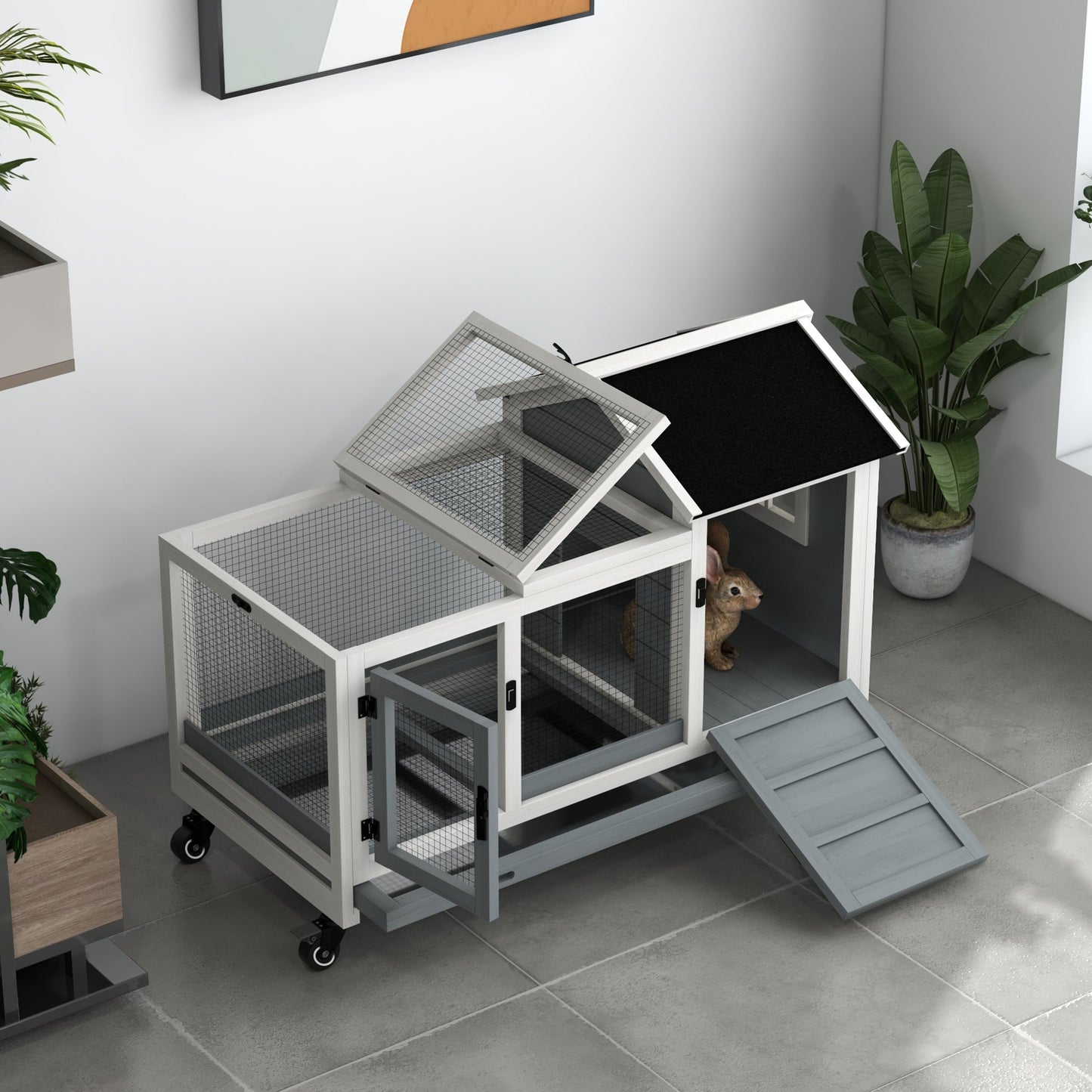 Wooden Rabbit Hutch with Wheels, Guinea Pig Cage, Small Animal House for Outdoor & Indoor with Slide-out Tray, 108 x 58 x 73.5cm, Grey