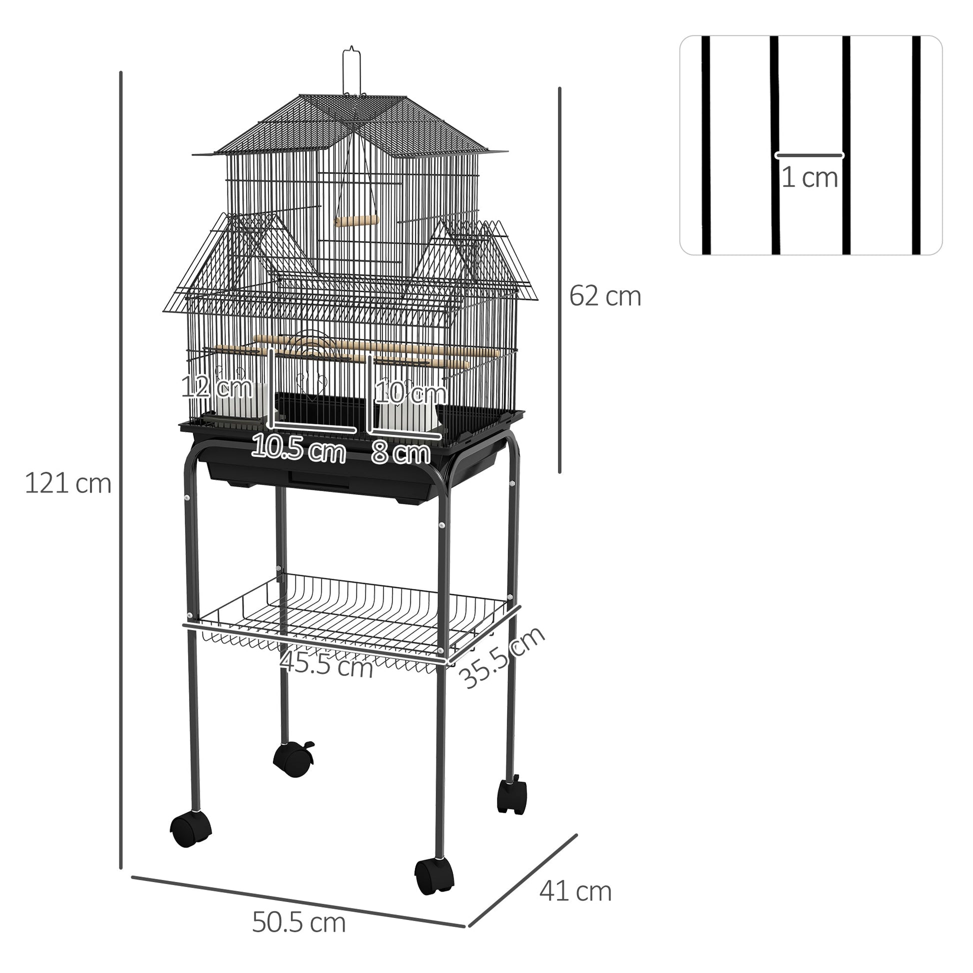 Bird Cage Budgie Cage with Stand Slide Tray Handle for Finch Canary 43.5 x 33 x 121cm Black
