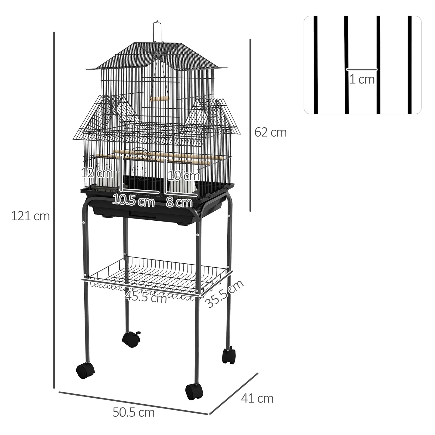 Bird Cage Budgie Cage with Stand Slide Tray Handle for Finch Canary 43.5 x 33 x 121cm Black