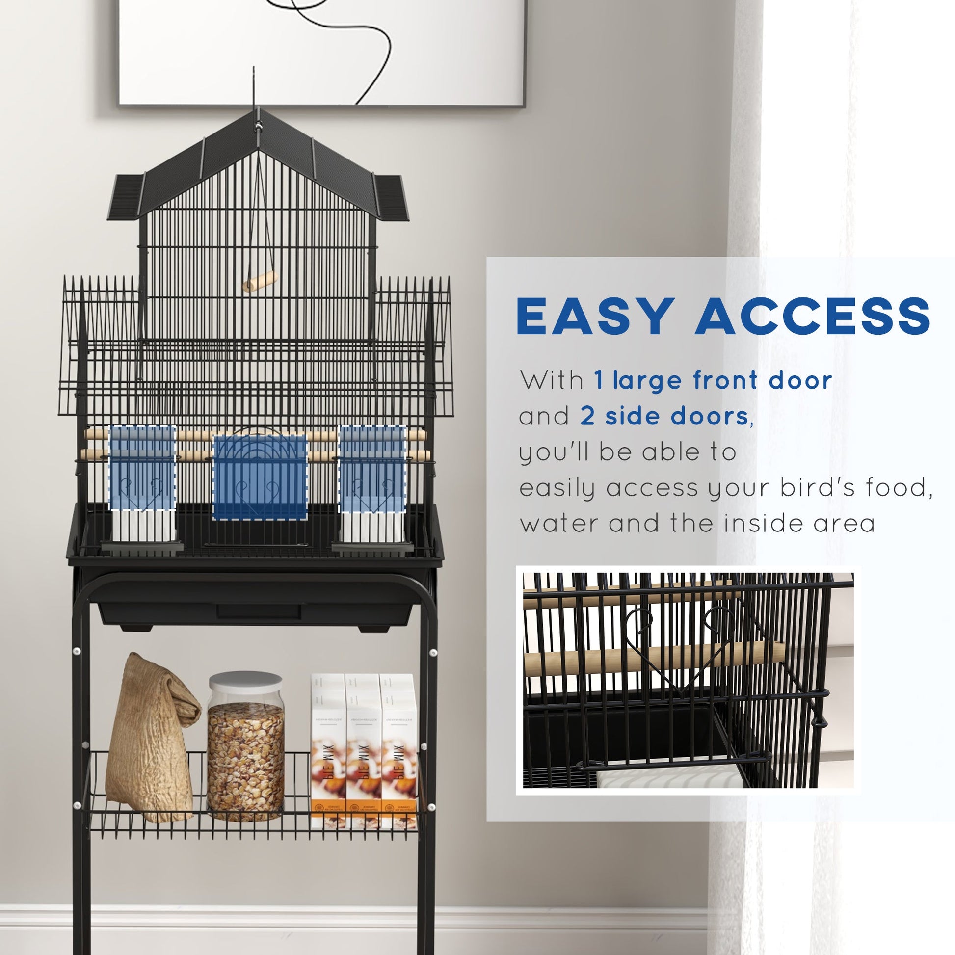 Bird Cage Budgie Cage with Stand Slide Tray Handle for Finch Canary 43.5 x 33 x 121cm Black