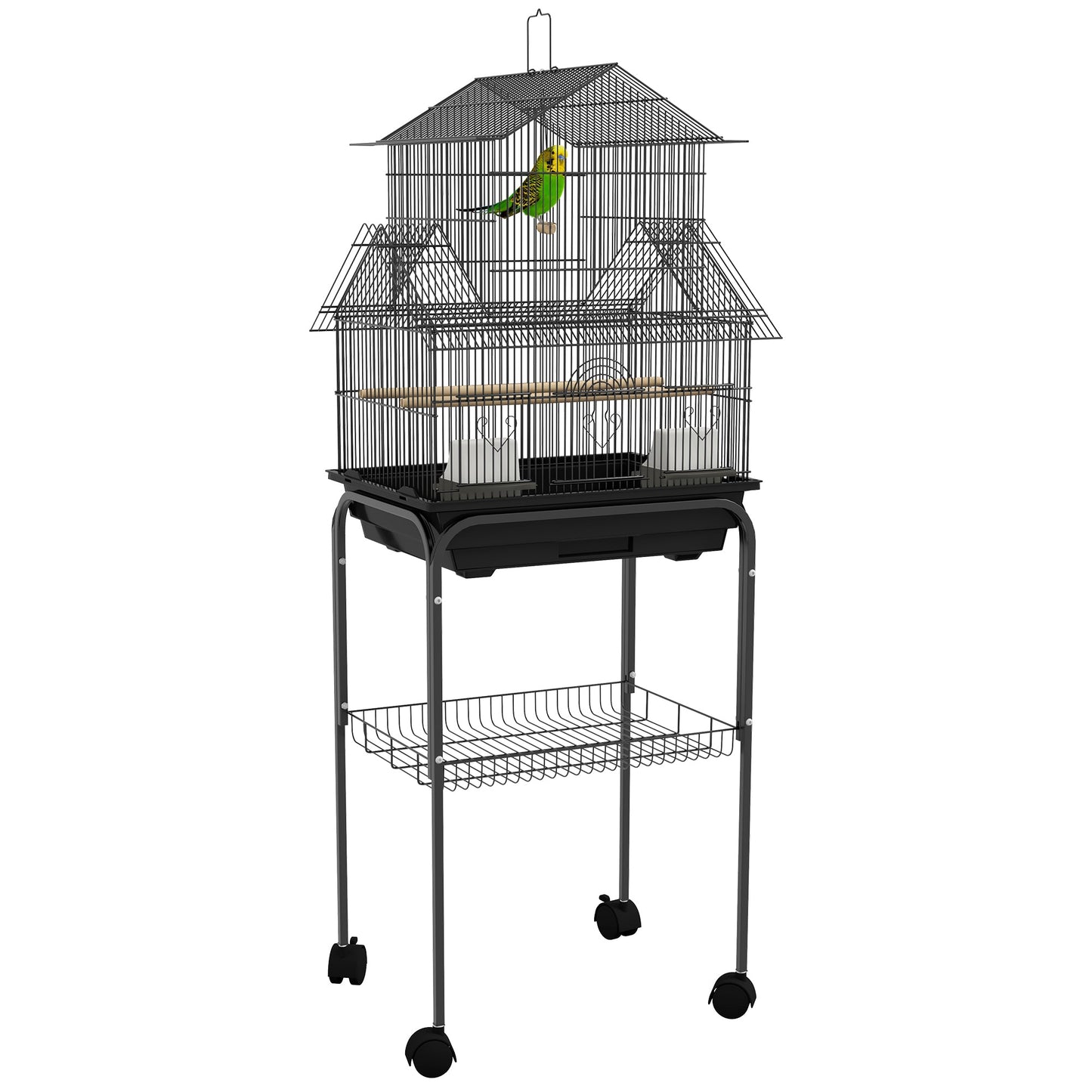 Bird Cage Budgie Cage with Stand Slide Tray Handle for Finch Canary 43.5 x 33 x 121cm Black