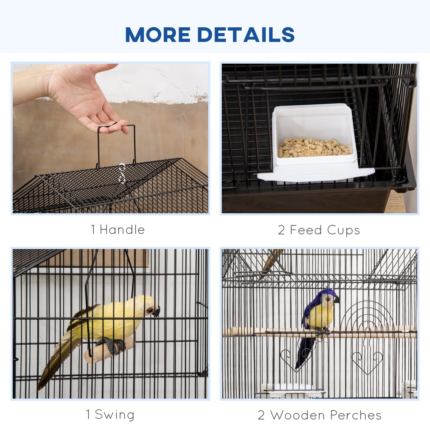 Bird Cage Budgie Cage with Stand Slide Tray Handle for Finch Canary 43.5 x 33 x 121cm Black