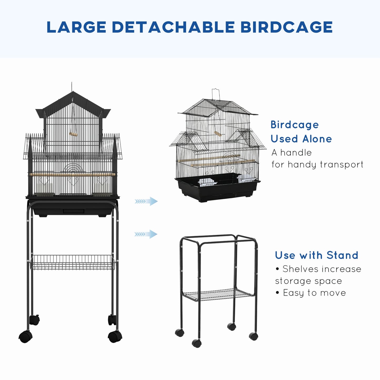Bird Cage Budgie Cage with Stand Slide Tray Handle for Finch Canary 43.5 x 33 x 121cm Black