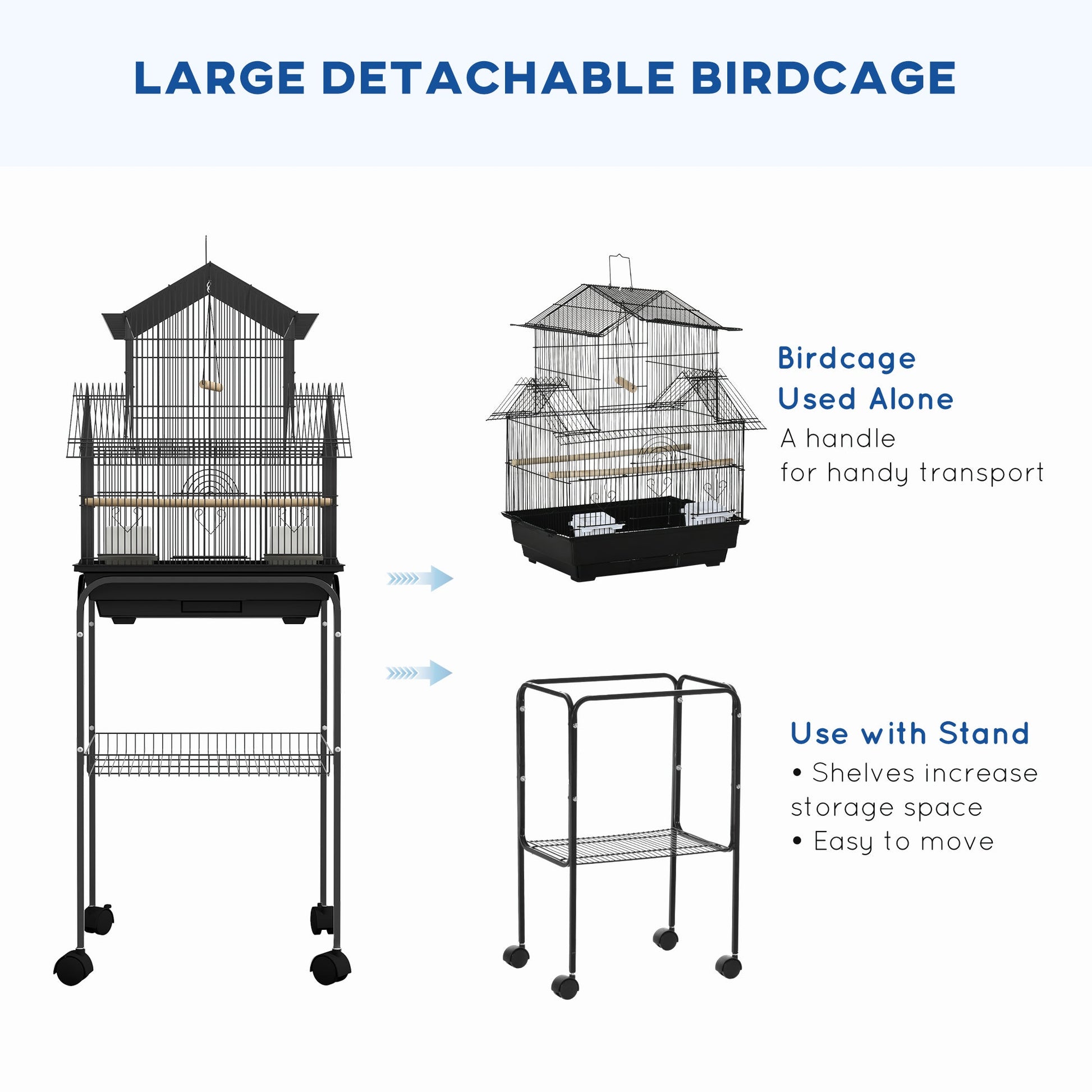Bird Cage Budgie Cage with Stand Slide Tray Handle for Finch Canary 43.5 x 33 x 121cm Black