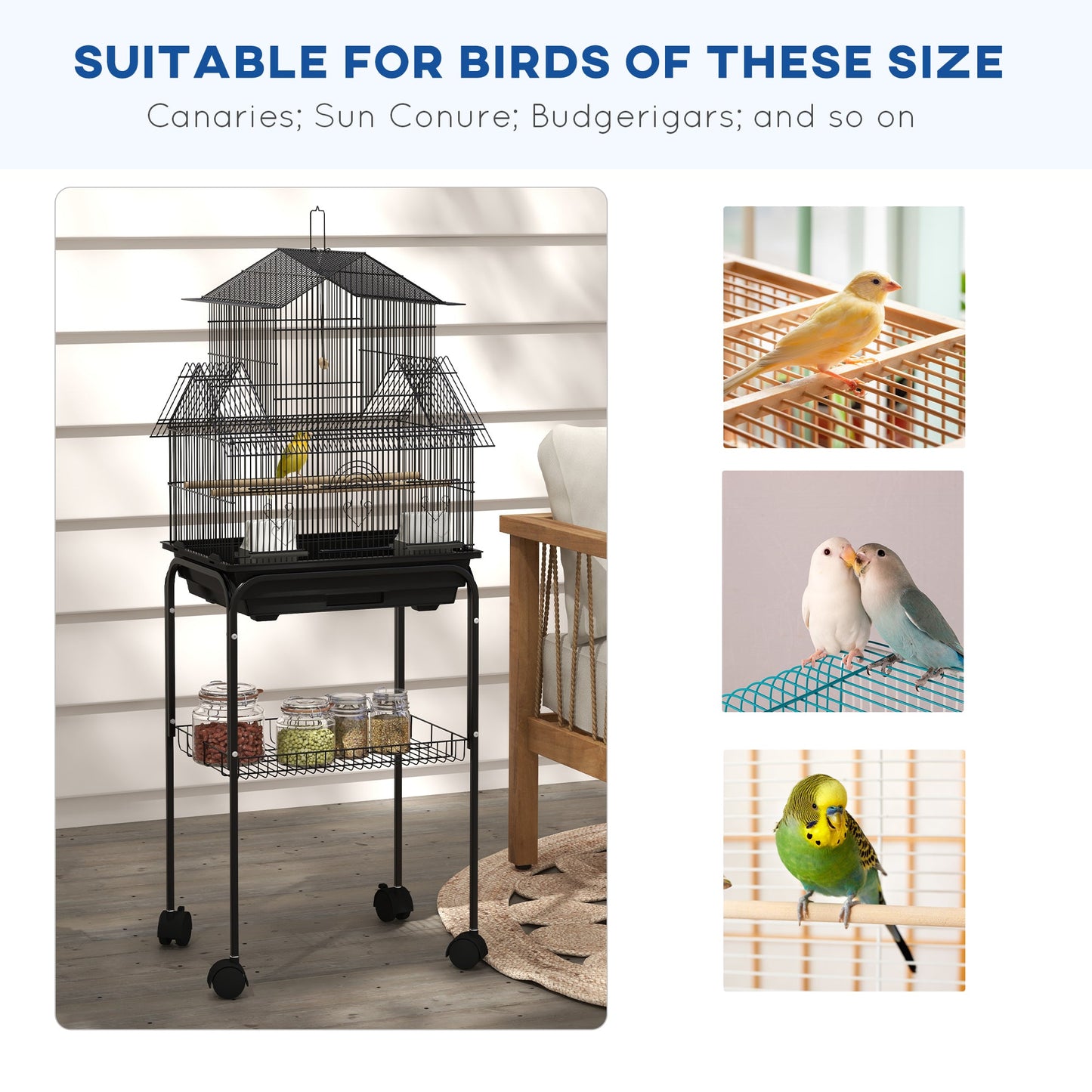 Bird Cage Budgie Cage with Stand Slide Tray Handle for Finch Canary 43.5 x 33 x 121cm Black