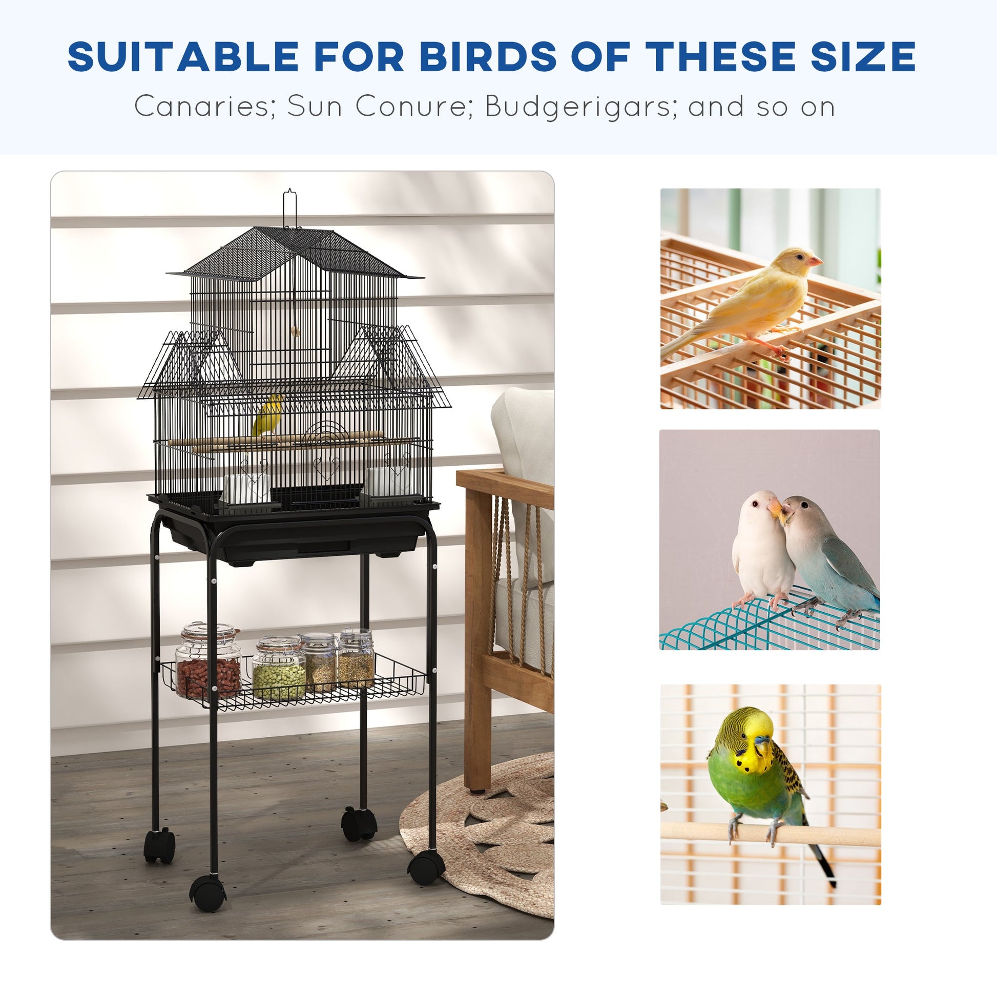 Bird Cage Budgie Cage with Stand Slide Tray Handle for Finch Canary 43.5 x 33 x 121cm Black