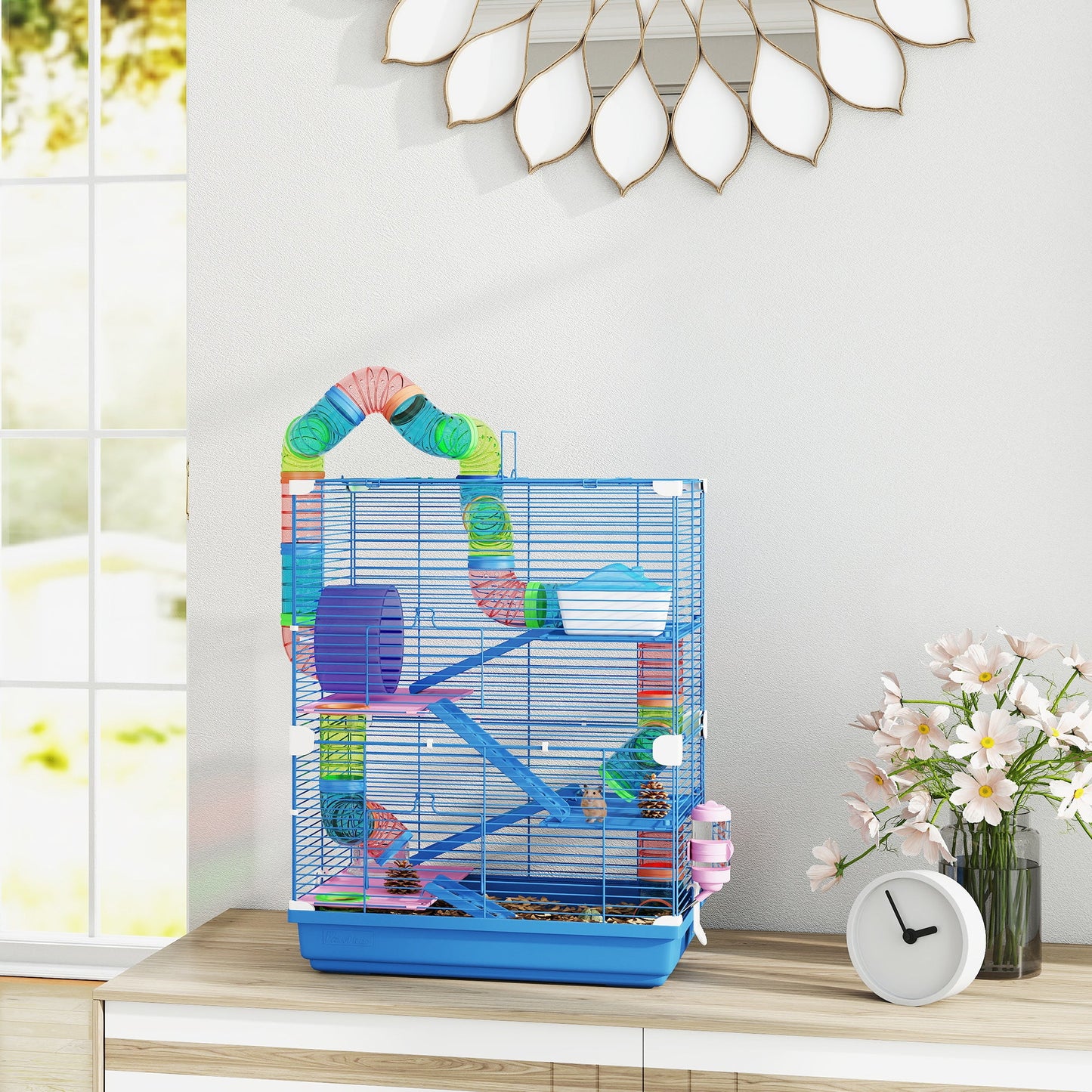 5 Tier Hamster Cage, Gerbil Cage with Tube Exercise Wheels, Tunnel, Water Bottle, Dishes, Blue, 58H x 46L x 30Wcm