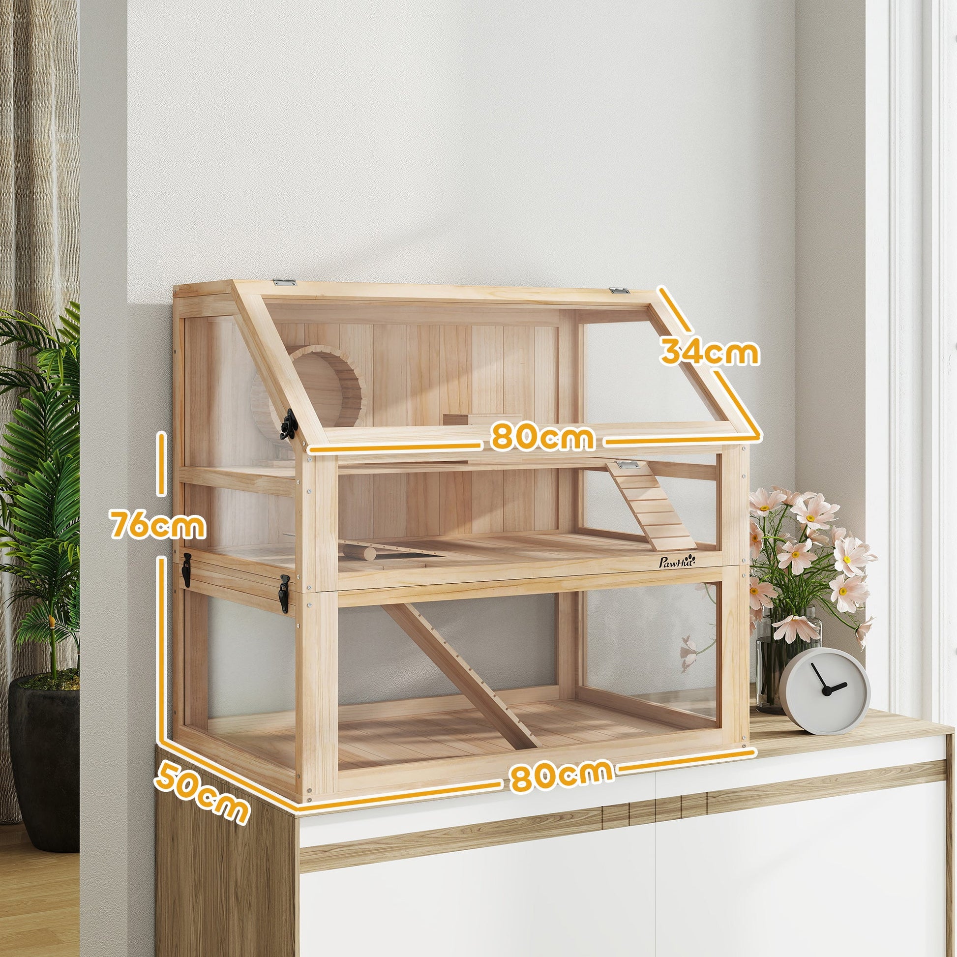 Wooden Hamster Cage, 3 Tier Small Gerbil Cage with Detachable 31cm Deep Bottom, Hut, Seesaw, Exercise Wheel, Ramps, Natural Wood Finish