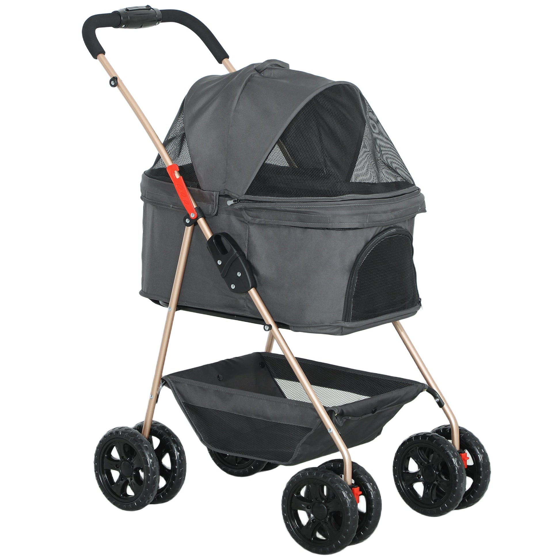 Pet Stroller, 3 in 1 Folding Dog Stroller Pram w/ 4 Wheels, Detachable Carrier, Storage Basket, Cup Holder, Safety Leashes, for Mini Dogs, Cats, Grey