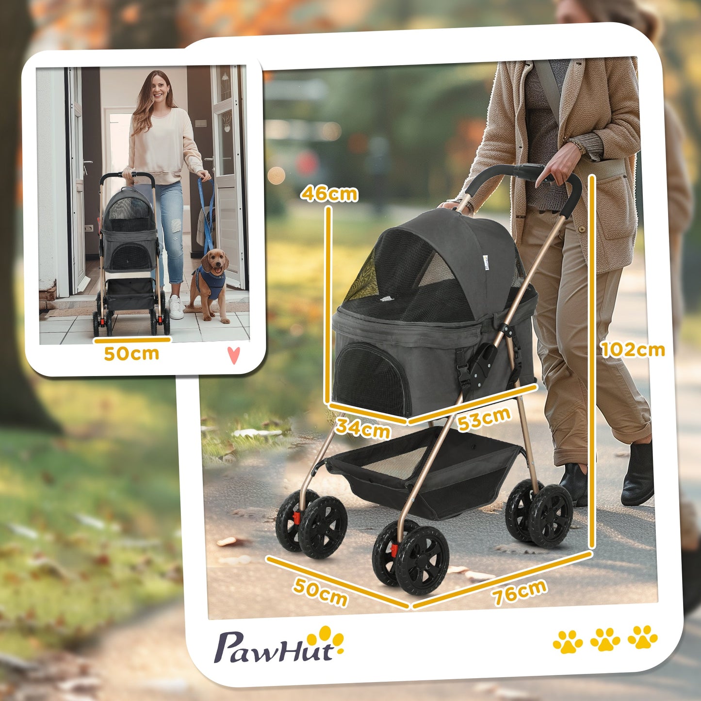 Pet Stroller, 3 in 1 Folding Dog Stroller Pram w/ 4 Wheels, Detachable Carrier, Storage Basket, Cup Holder, Safety Leashes, for Mini Dogs, Cats, Grey