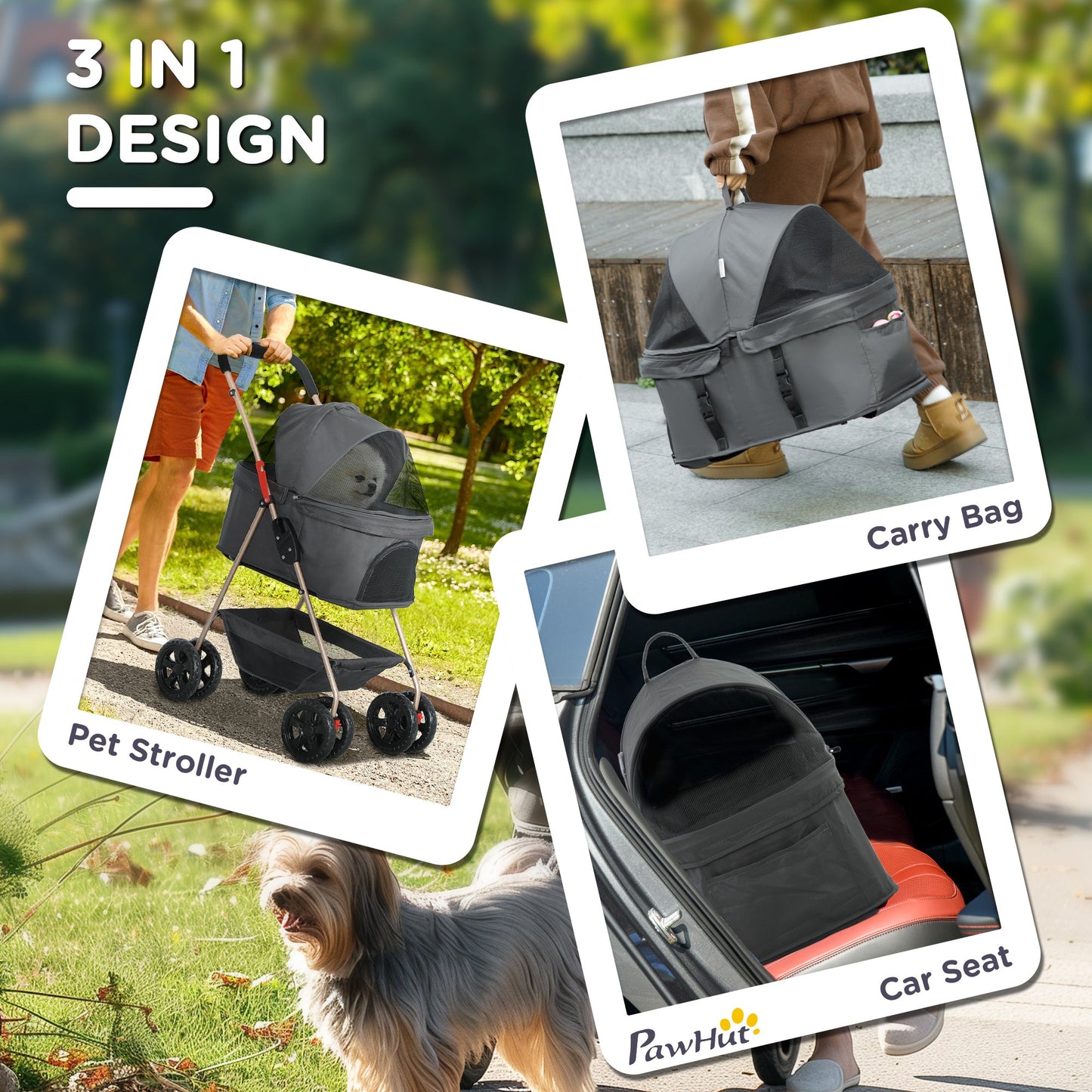 Pet Stroller, 3 in 1 Folding Dog Stroller Pram w/ 4 Wheels, Detachable Carrier, Storage Basket, Cup Holder, Safety Leashes, for Mini Dogs, Cats, Grey