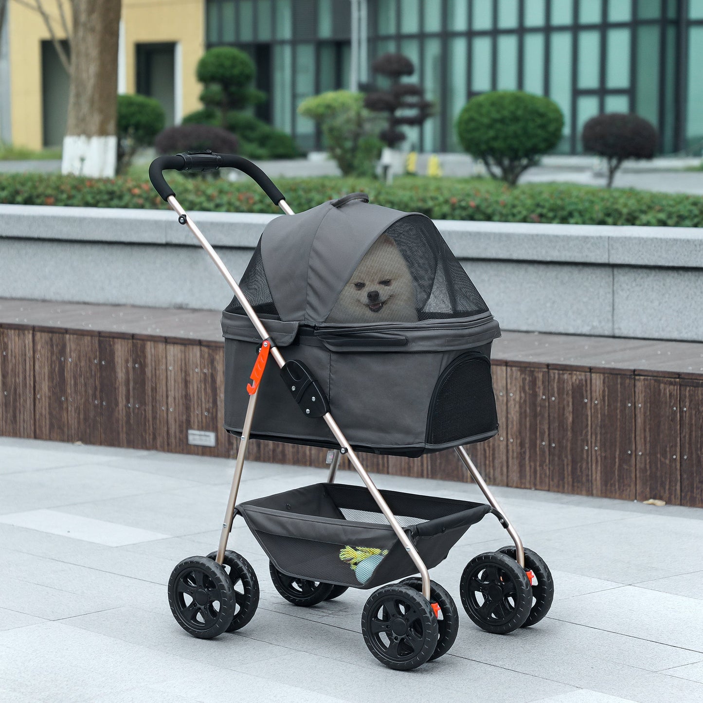 Pet Stroller, 3 in 1 Folding Dog Stroller Pram w/ 4 Wheels, Detachable Carrier, Storage Basket, Cup Holder, Safety Leashes, for Mini Dogs, Cats, Grey