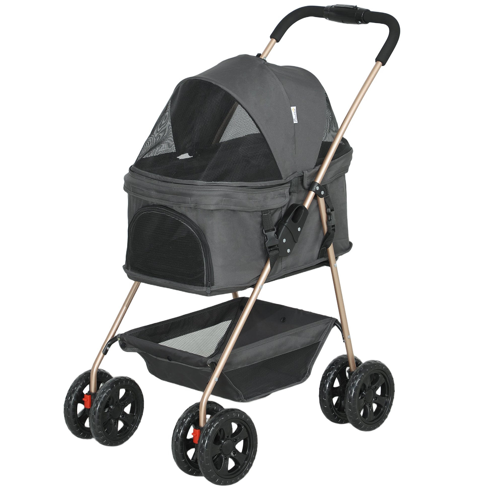 Pet Stroller, 3 in 1 Folding Dog Stroller Pram w/ 4 Wheels, Detachable Carrier, Storage Basket, Cup Holder, Safety Leashes, for Mini Dogs, Cats, Grey