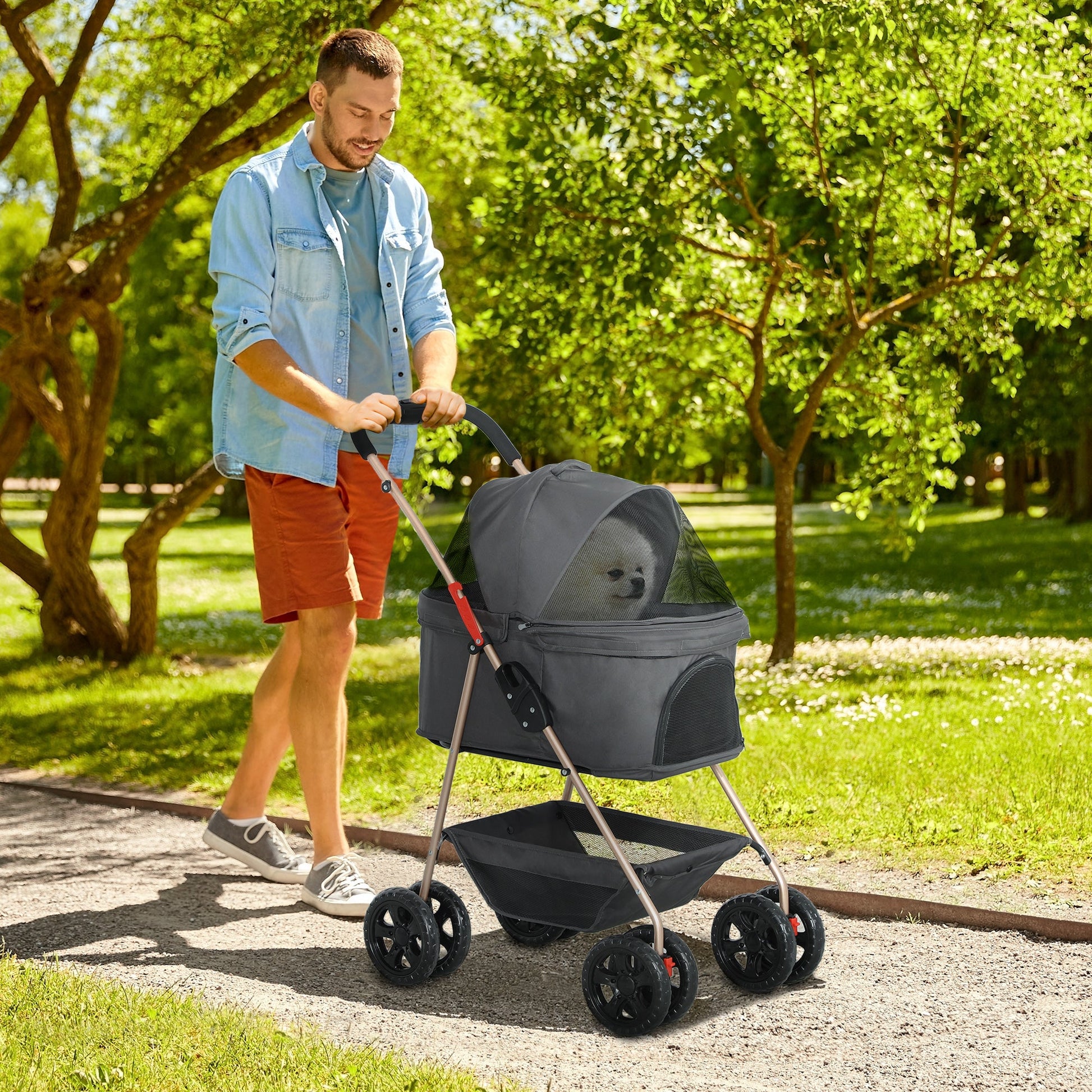 Pet Stroller, 3 in 1 Folding Dog Stroller Pram w/ 4 Wheels, Detachable Carrier, Storage Basket, Cup Holder, Safety Leashes, for Mini Dogs, Cats, Grey