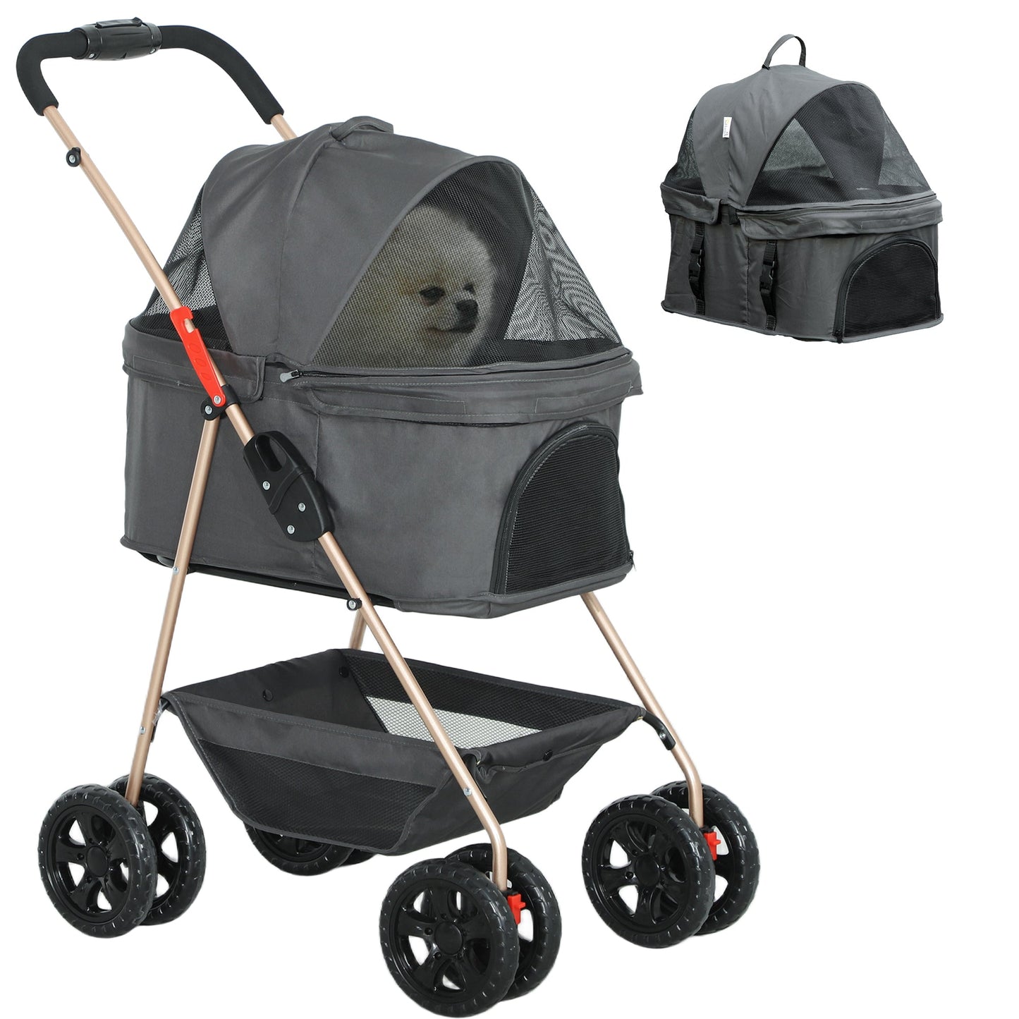 Pet Stroller, 3 in 1 Folding Dog Stroller Pram w/ 4 Wheels, Detachable Carrier, Storage Basket, Cup Holder, Safety Leashes, for Mini Dogs, Cats, Grey