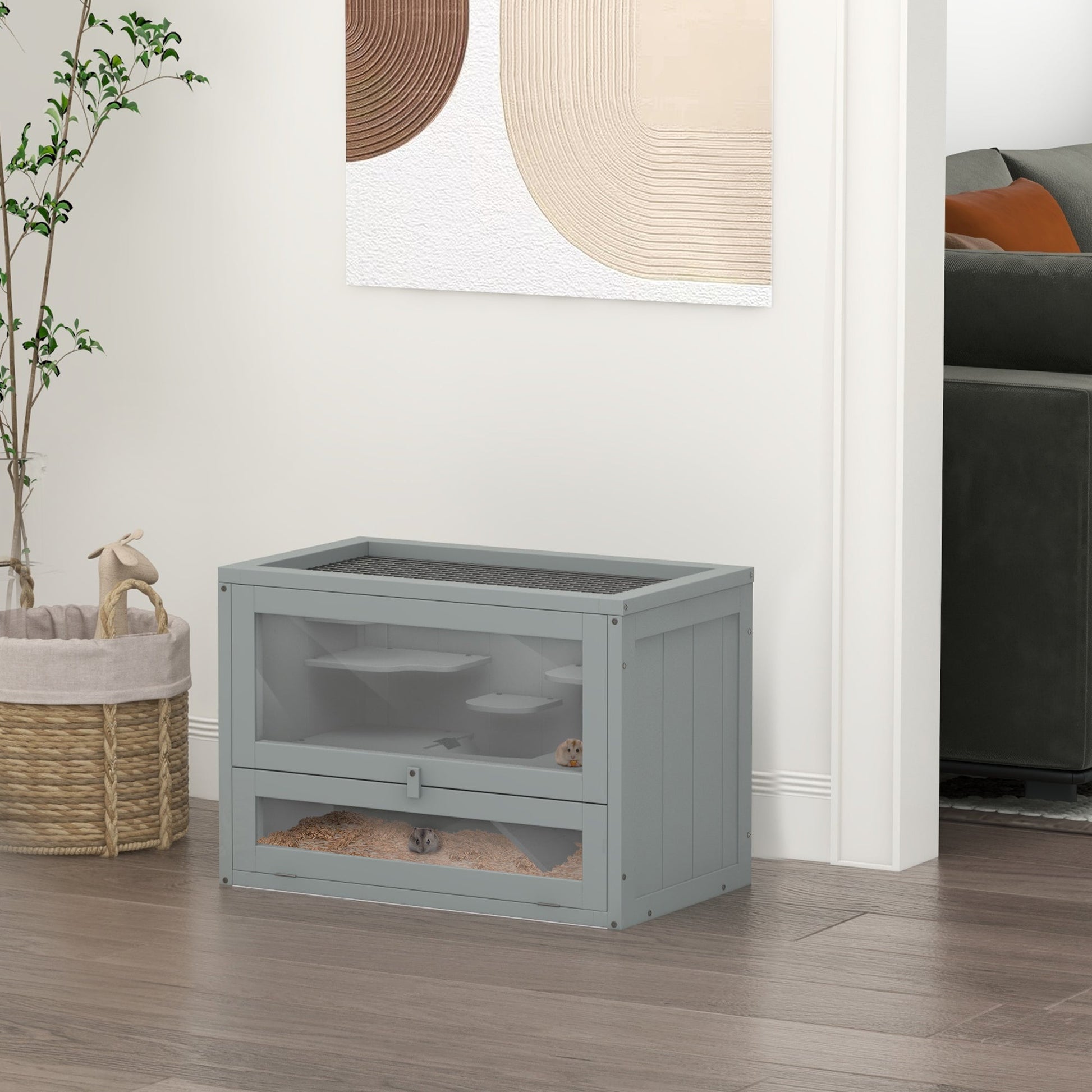 Wooden Hamster Cage Mouse Mice Rodent Small Animals Hutch Exercise Play House 60 x 35 x 42cm, Grey