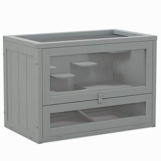 Wooden Hamster Cage Mouse Mice Rodent Small Animals Hutch Exercise Play House 60 x 35 x 42cm, Grey