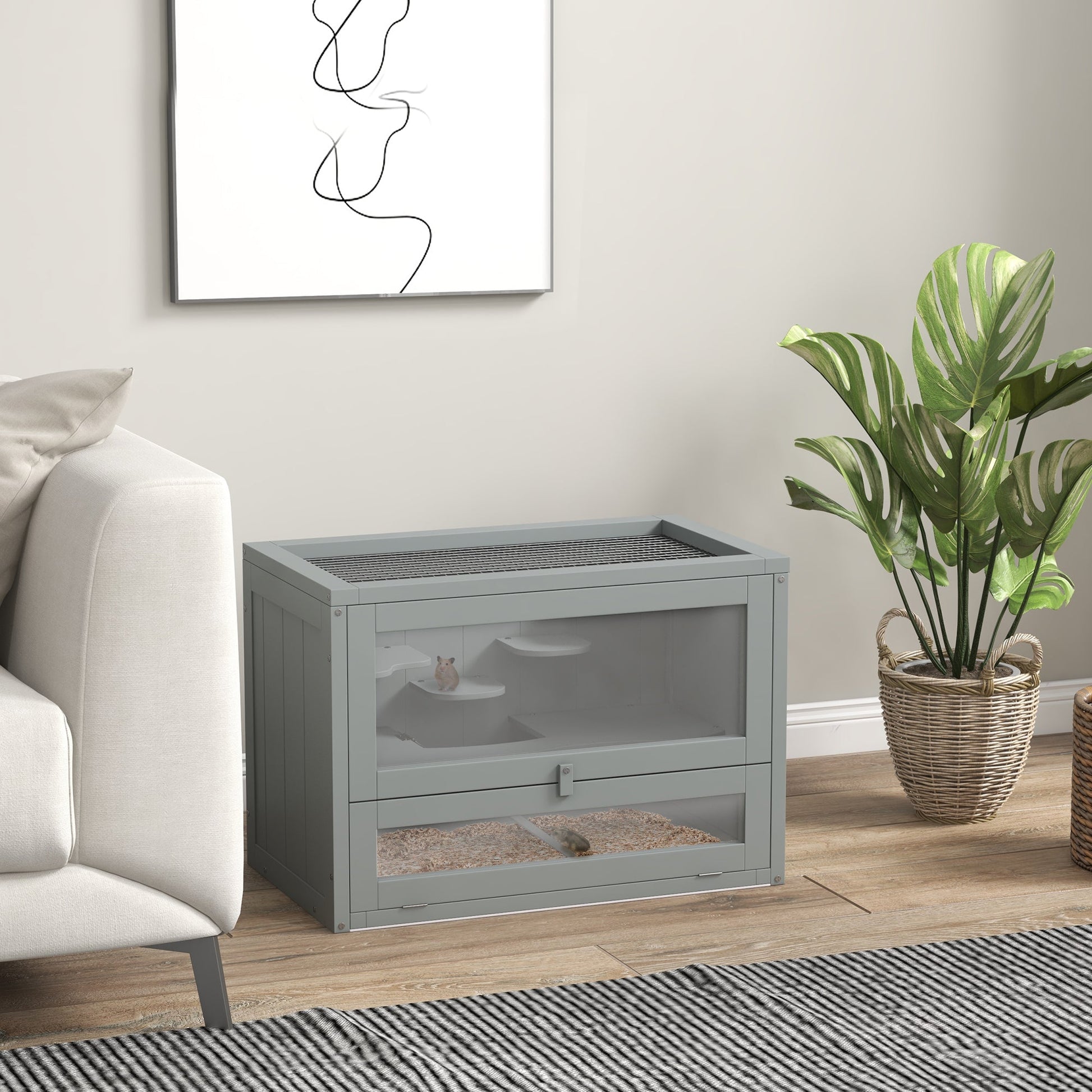 Wooden Hamster Cage Mouse Mice Rodent Small Animals Hutch Exercise Play House 60 x 35 x 42cm, Grey